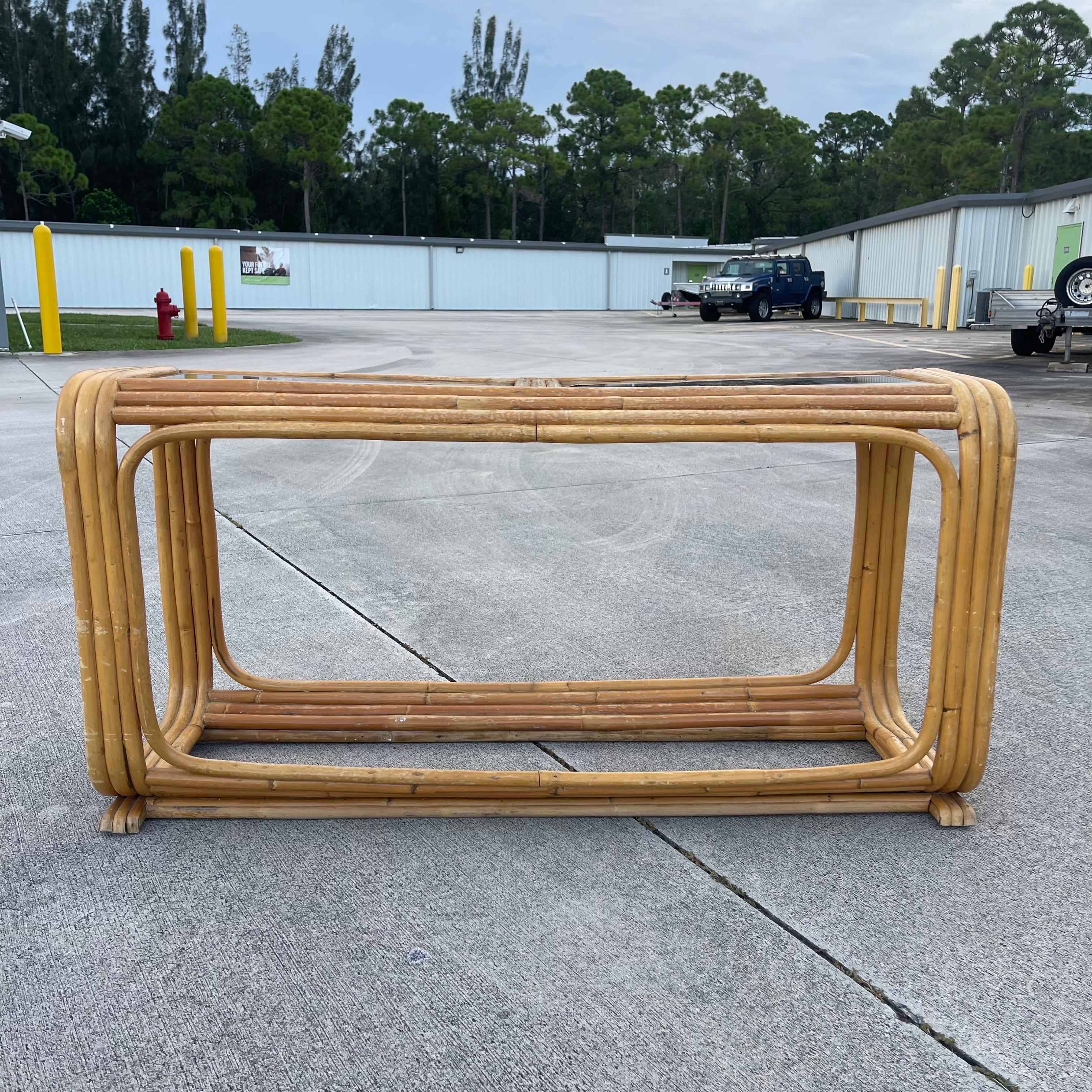 Fun and funky vintage rattan console table.