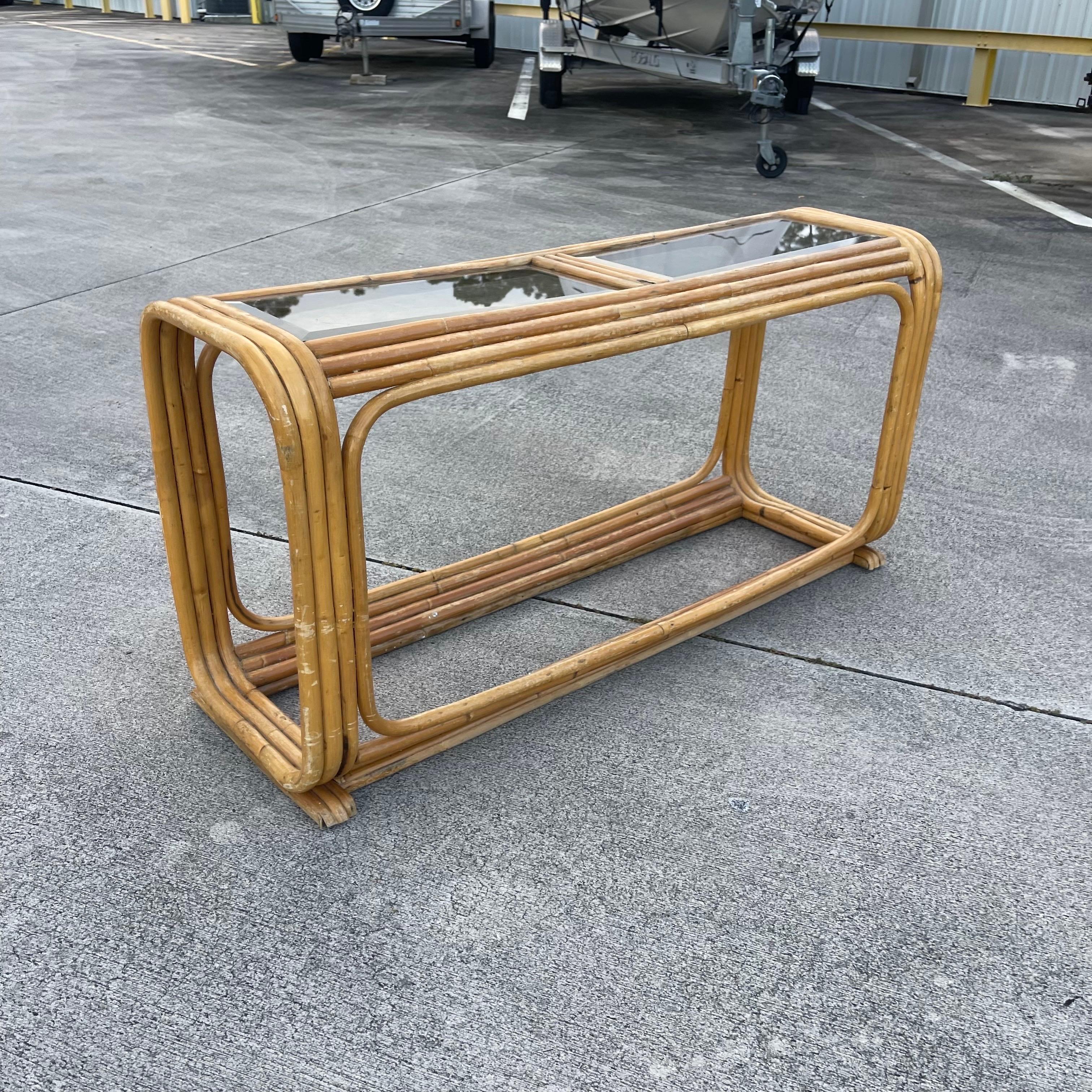 Mid-Century Tubular Rattan Glass Insert Console Table In Fair Condition For Sale In Jensen Beach, FL