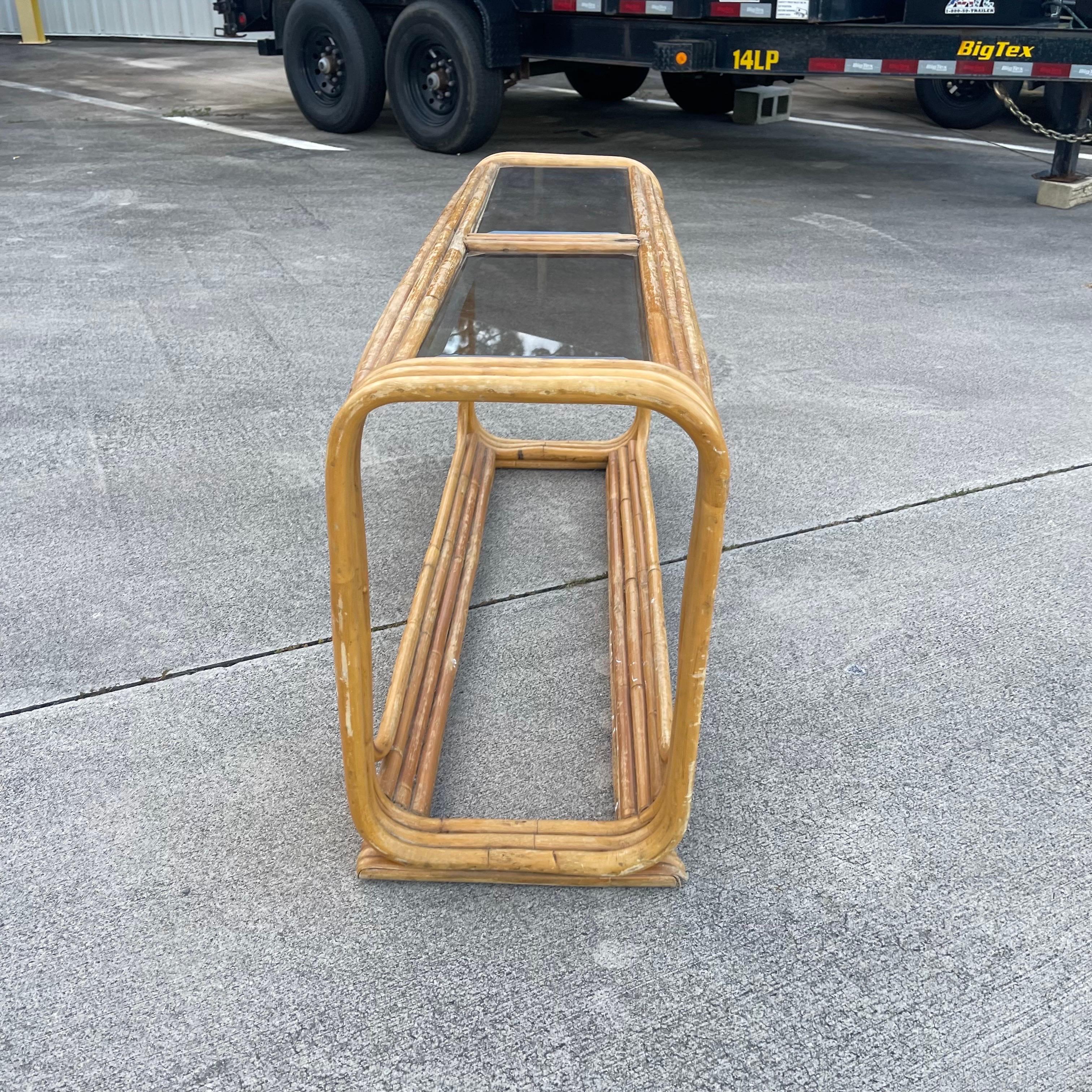 20th Century Mid-Century Tubular Rattan Glass Insert Console Table For Sale