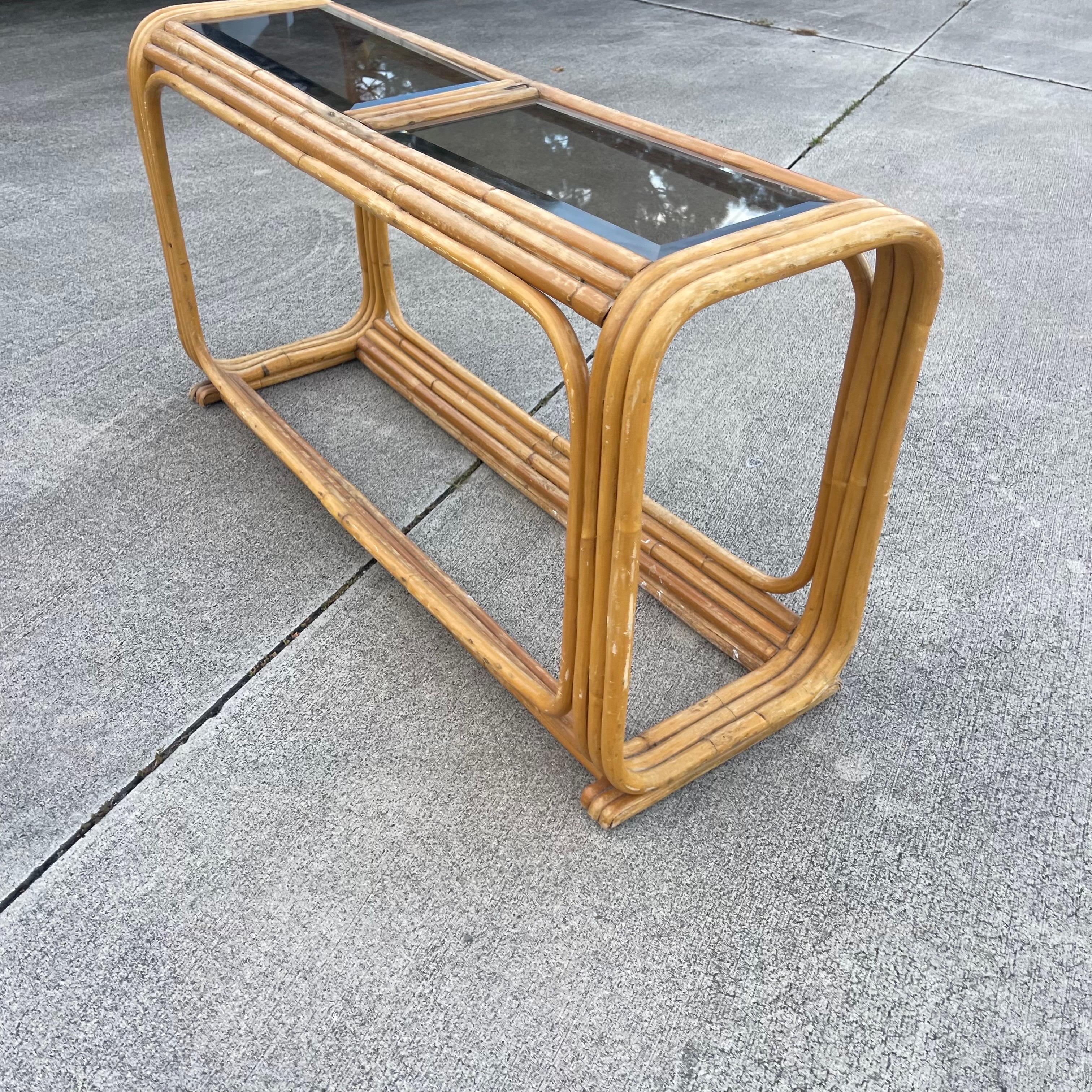 Mid-Century Tubular Rattan Glass Insert Console Table For Sale 1