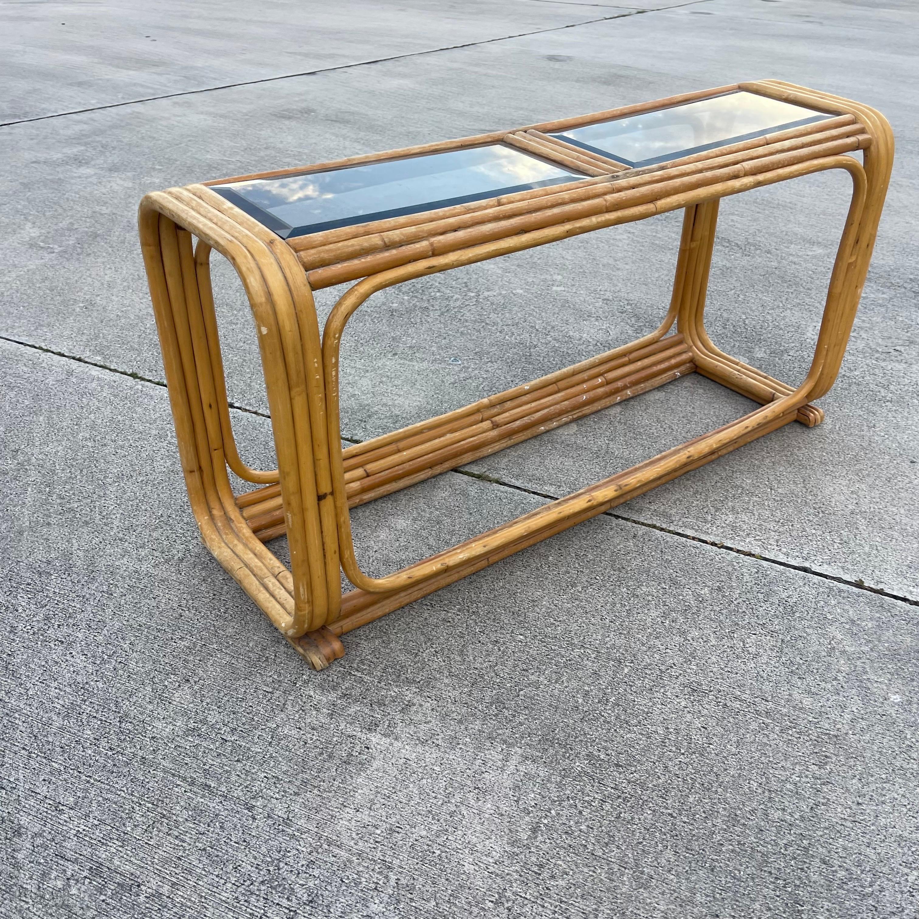 Mid-Century Tubular Rattan Glass Insert Console Table For Sale 2