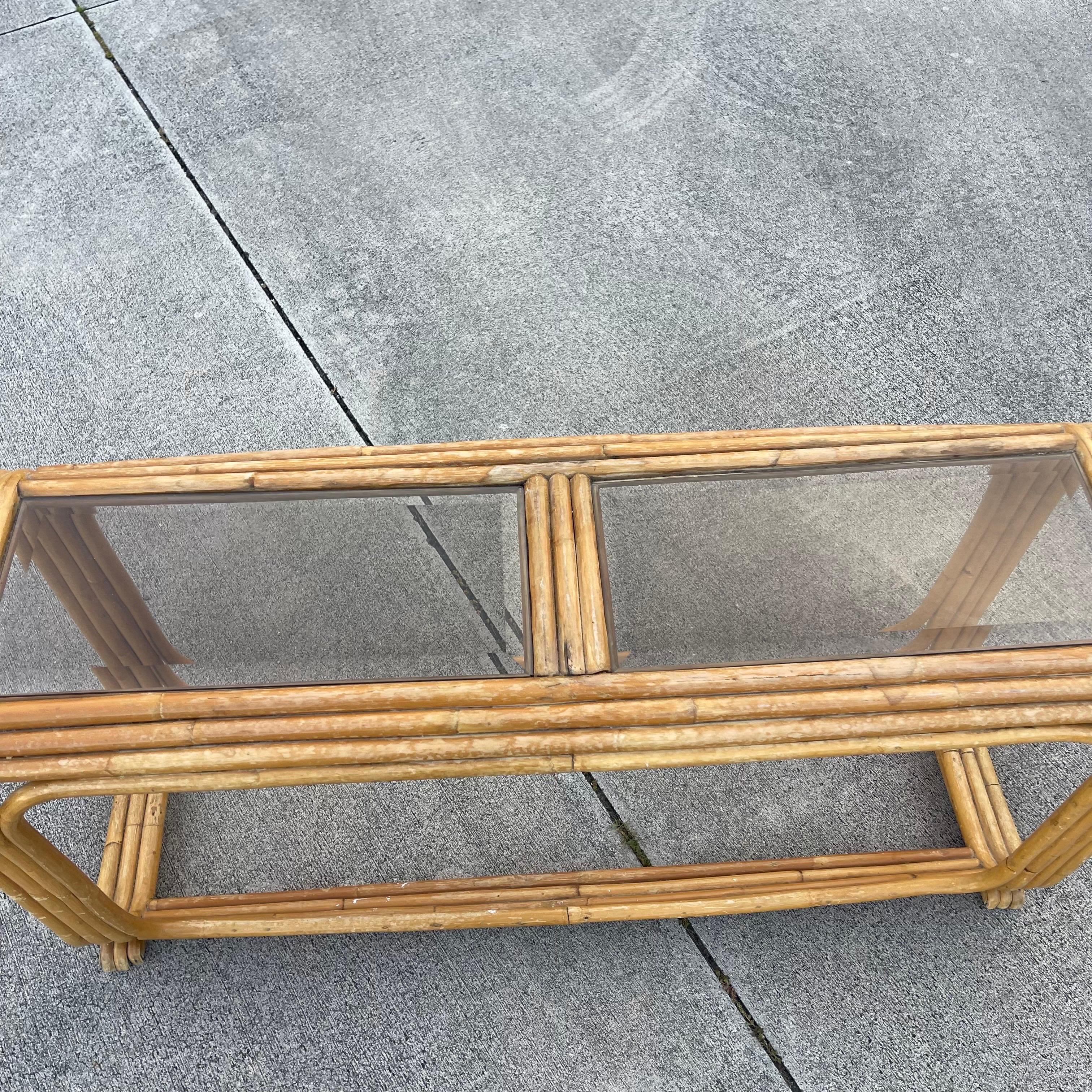 Mid-Century Tubular Rattan Glass Insert Console Table For Sale 4