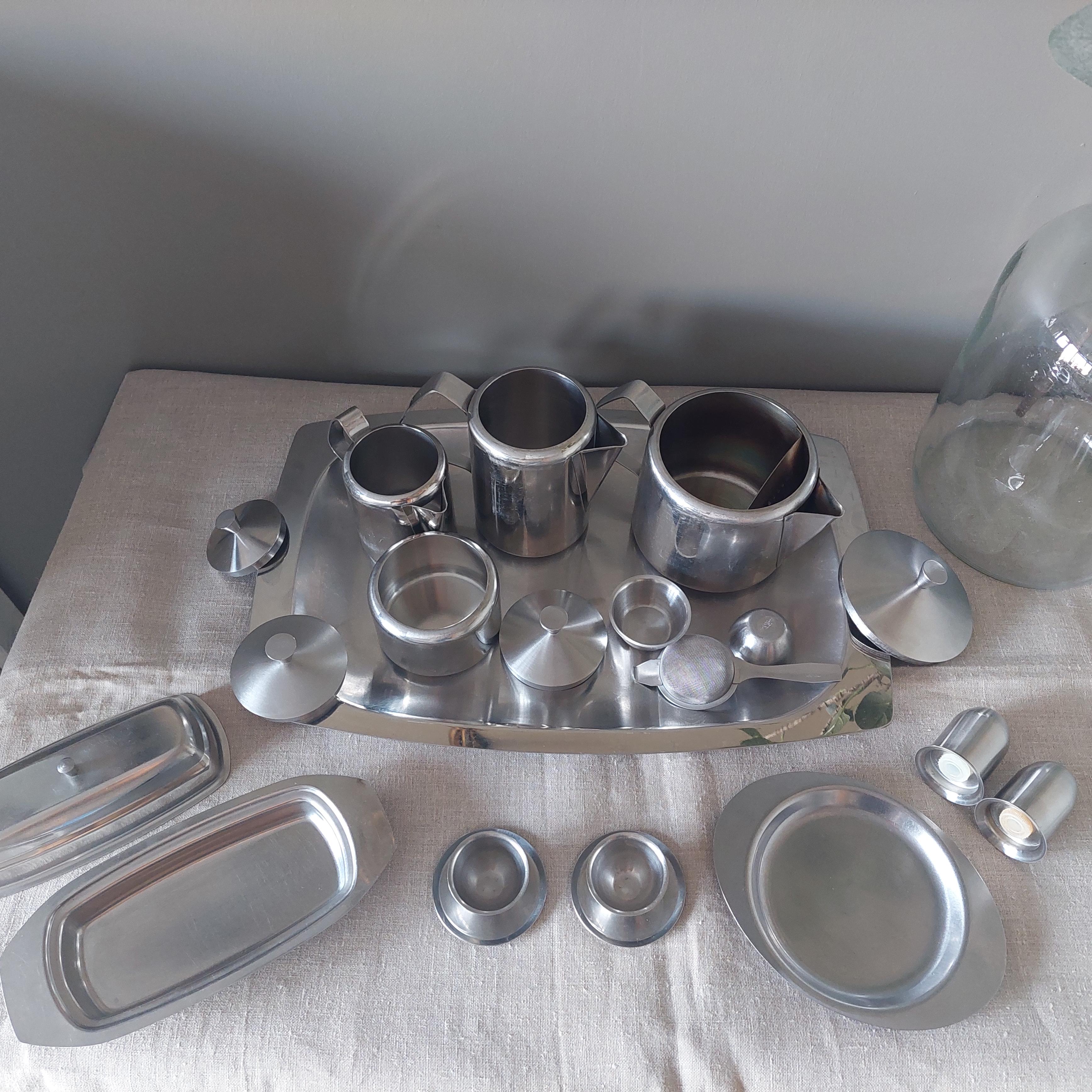 20th Century Mid-Century Tudor Knight Stainless Steel Breakfast Tea Coffee Set Service, 60s For Sale