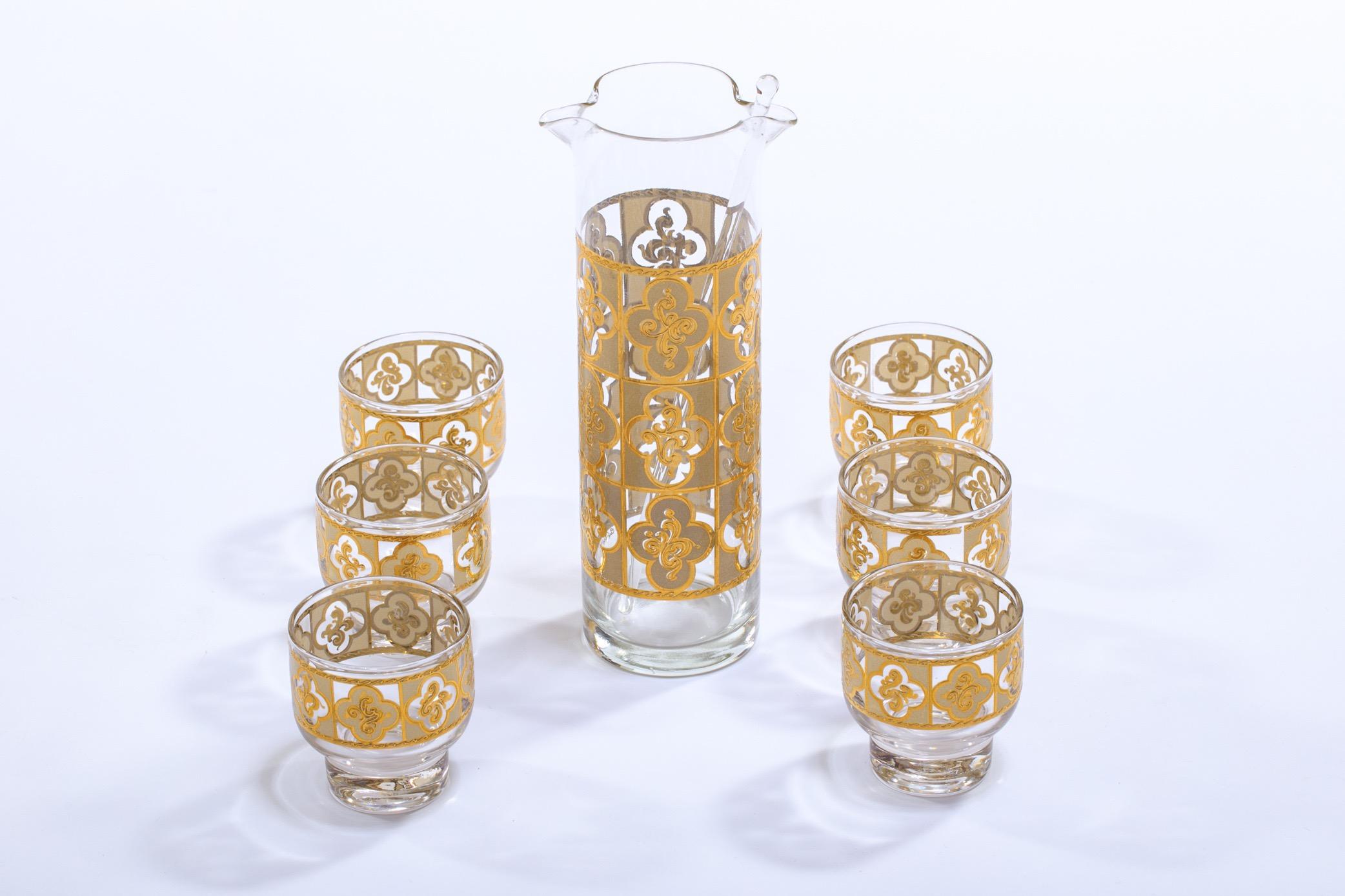 Midcentury Tudor Style 22-Karat Gold Cocktail Mixer and Set of 6 Glasses For Sale 1