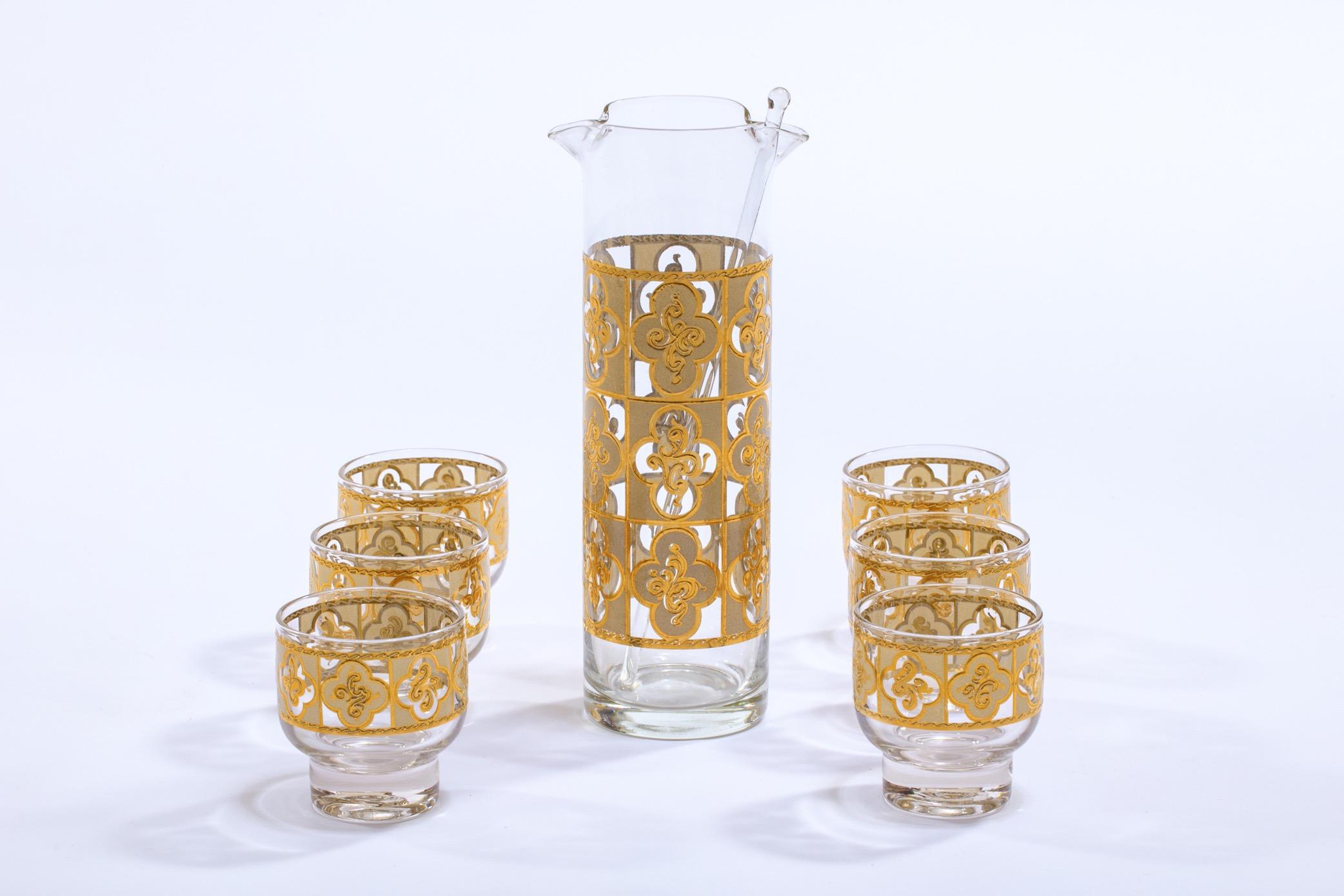 Midcentury Tudor Style 22-Karat Gold Cocktail Mixer and Set of 6 Glasses For Sale 2