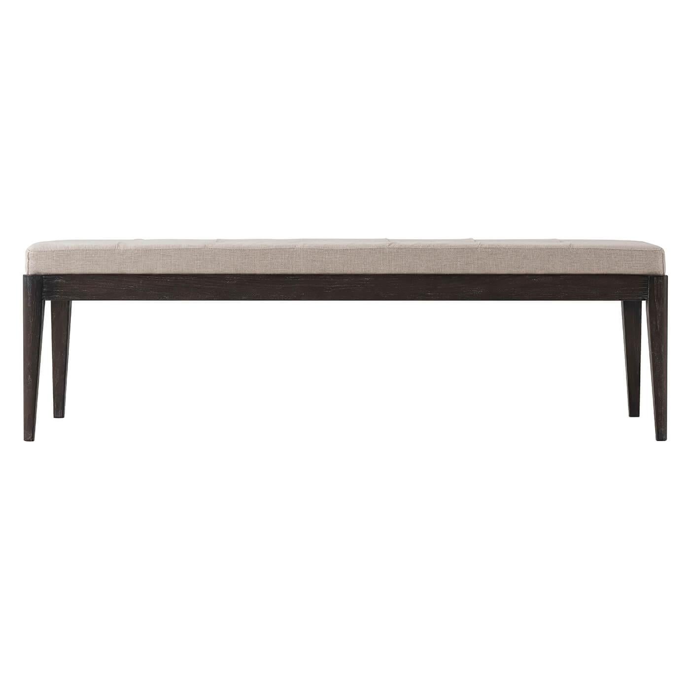 Midcentury tufted bench midcentury style bench with a biscuit tufted boxed seat cushion on a stained solid beach frame and rails with tapered legs.

Dimensions: 62