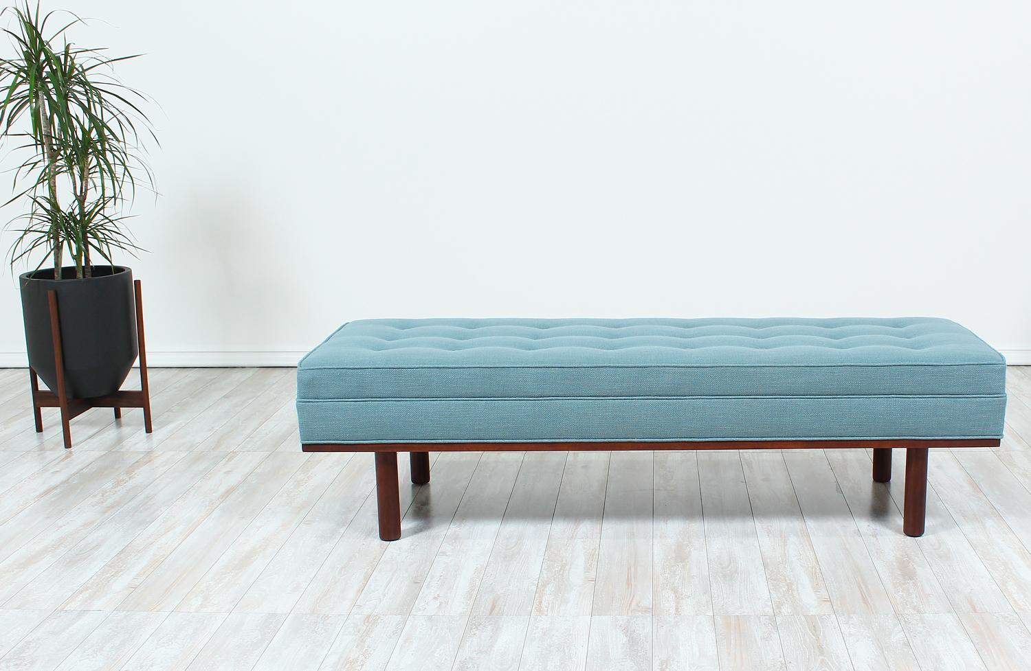 Mid-Century Modern Midcentury Tufted Bench with Accent Walnut Base