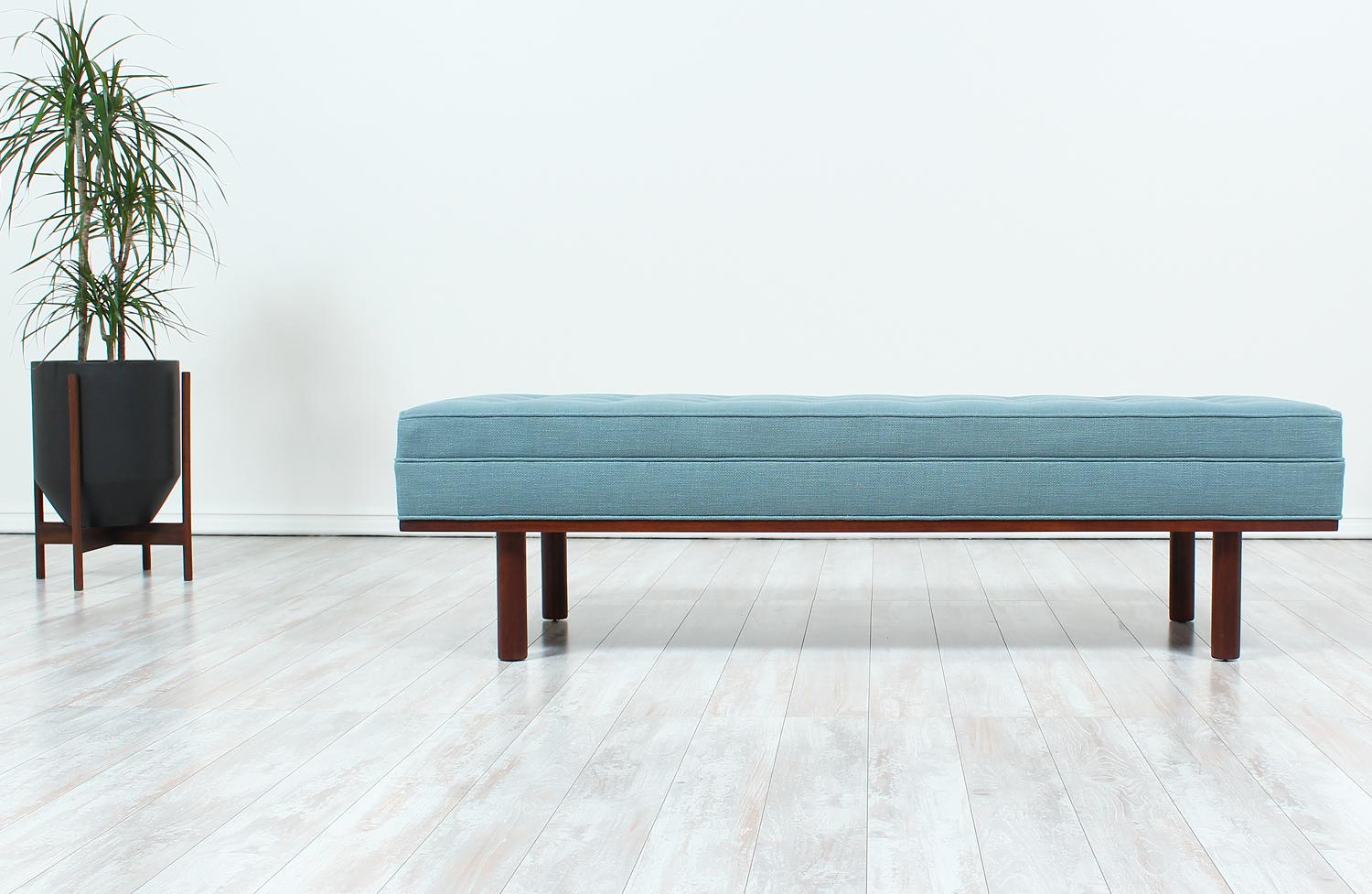 American Midcentury Tufted Bench with Accent Walnut Base