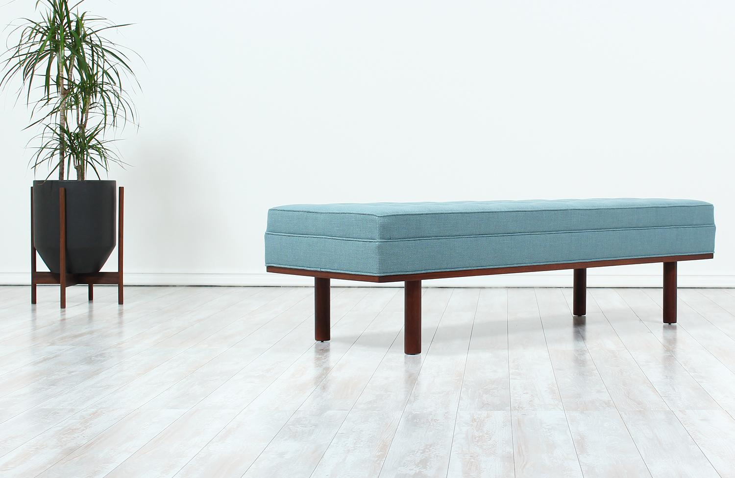 Midcentury Tufted Bench with Accent Walnut Base In Excellent Condition In Los Angeles, CA