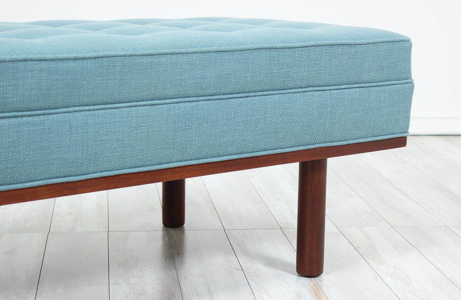 Fabric Midcentury Tufted Bench with Accent Walnut Base