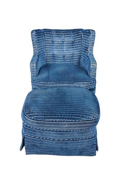 Mid Century Tufted Blue Upholstered Library Club Lounge Chair & Ottoman
