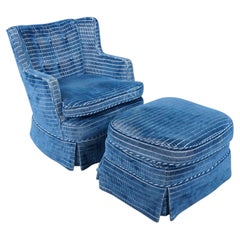 Mid Century Tufted Blue Upholstered Library Club Lounge Chair & Ottoman