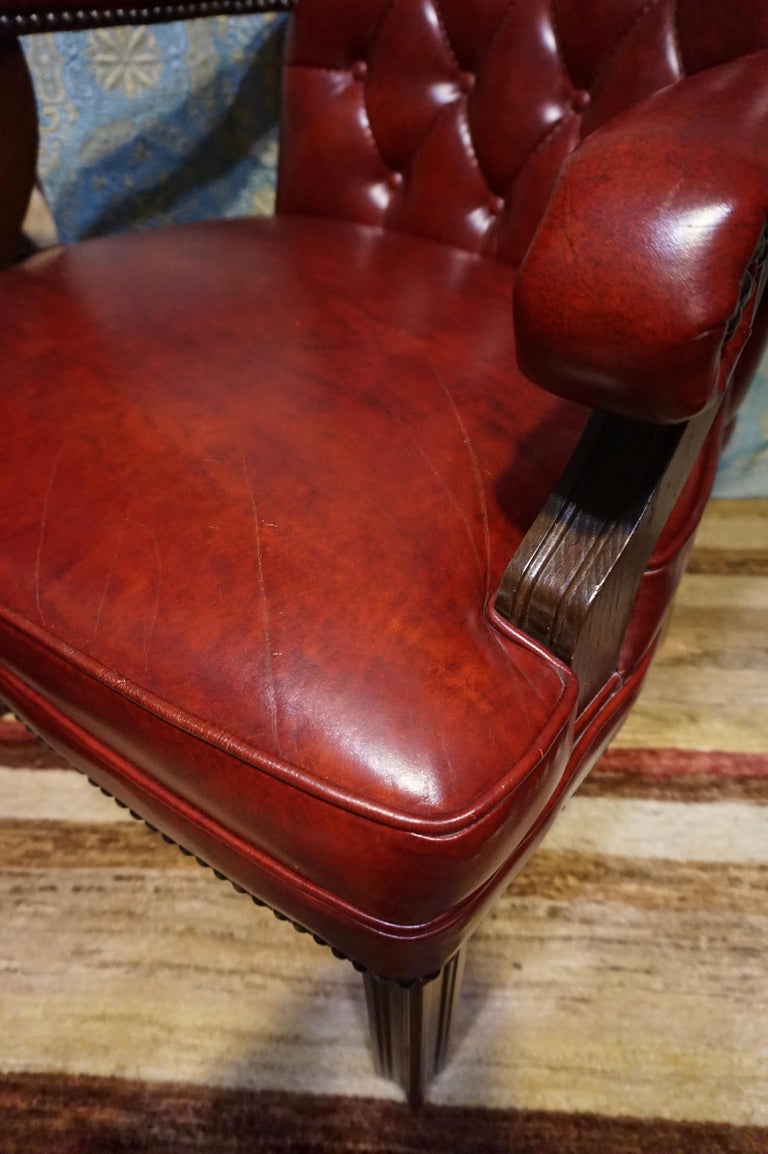 Mid Century Tufted Leather Mahogany Armchair Cum Office Chair For Sale 7