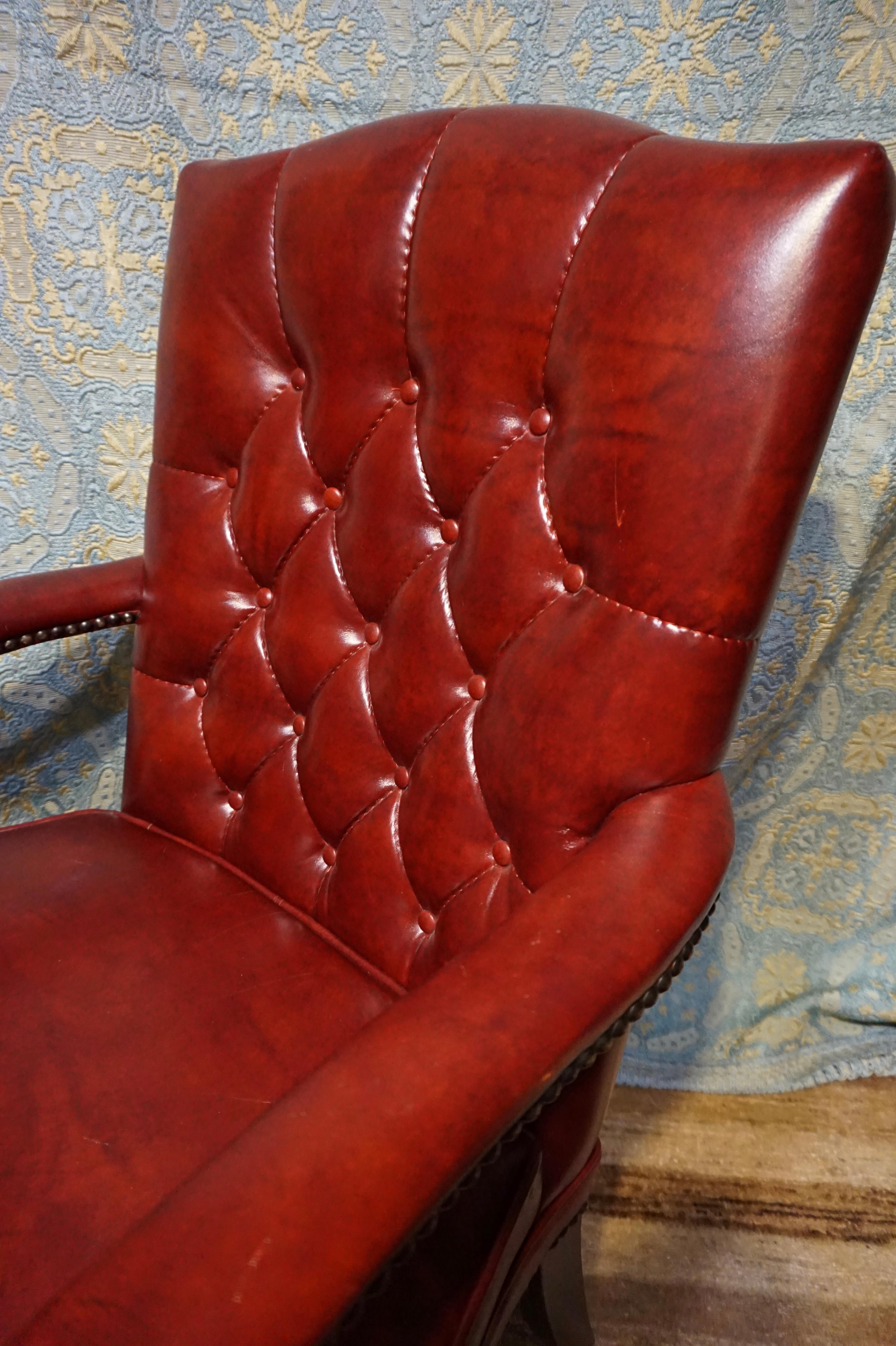 Mid Century Tufted Leather Mahogany Armchair Cum Office Chair 9