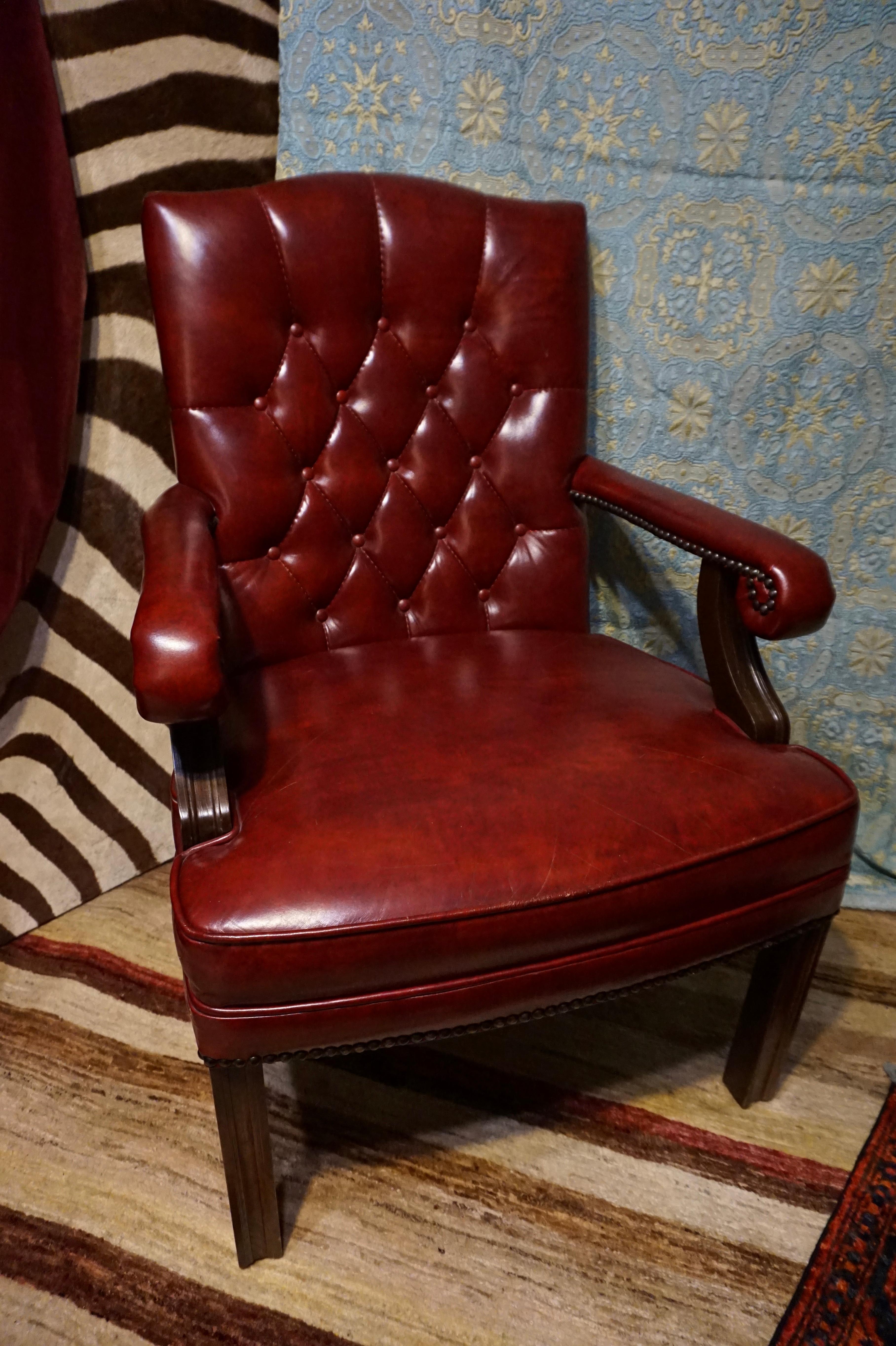 British Colonial Mid Century Tufted Leather Mahogany Armchair Cum Office Chair