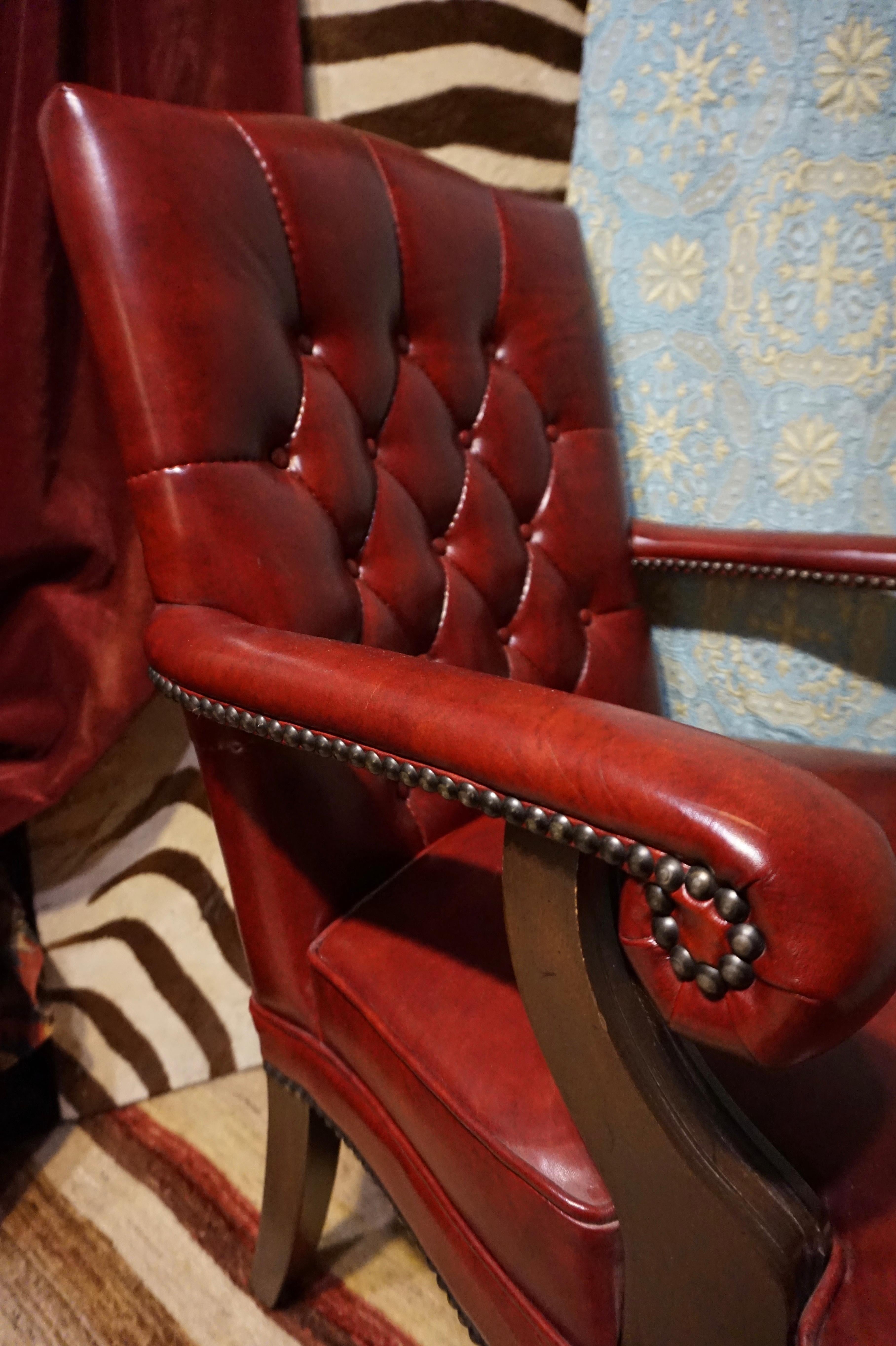 Mid-20th Century Mid Century Tufted Leather Mahogany Armchair Cum Office Chair
