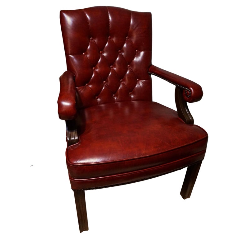 Mid Century Tufted Leather Mahogany Armchair Cum Office Chair For Sale
