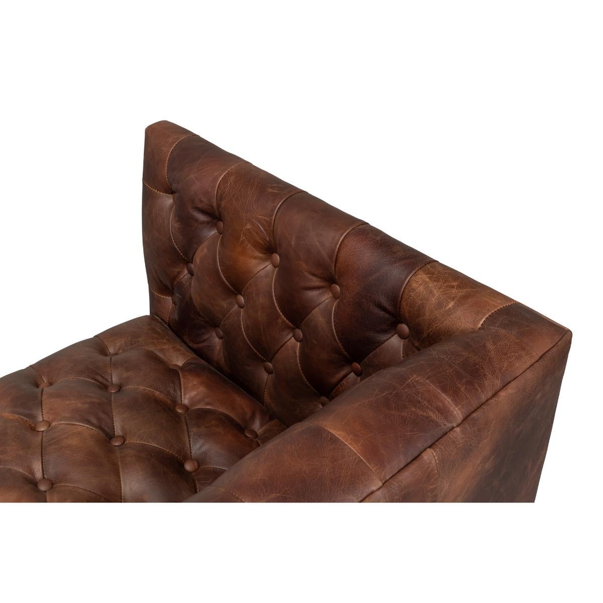 Contemporary Mid Century Tufted Leather Sofa For Sale