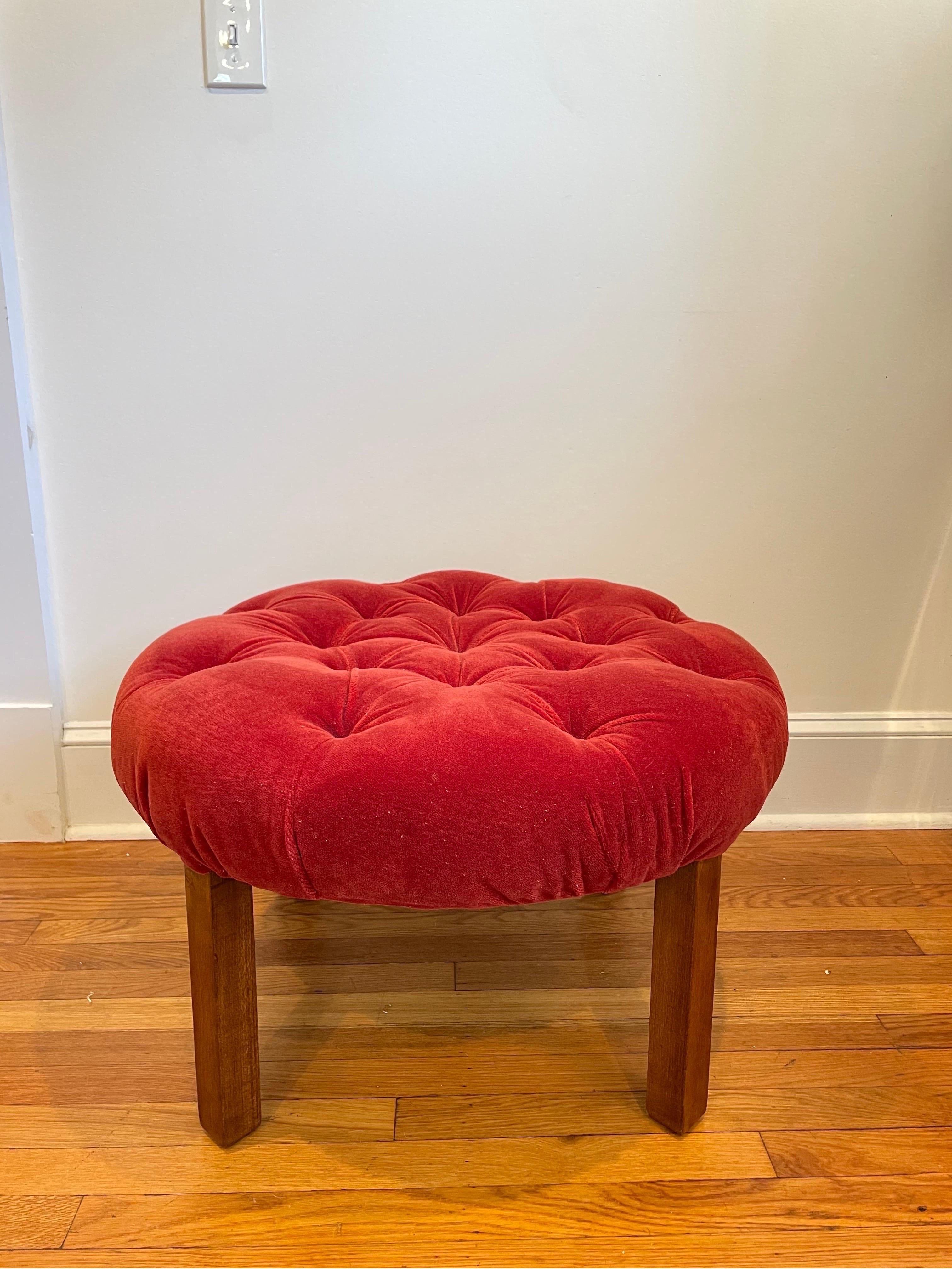 Timeless classic. Tufted mohair/velvet ottoman or tray table with square wooden legs. Dunbar Probber styling in its simplicity.