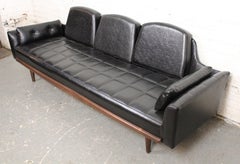 Mid-Century Modern Sofa in Black Vinyl with Walnut Trim, 1960s Design