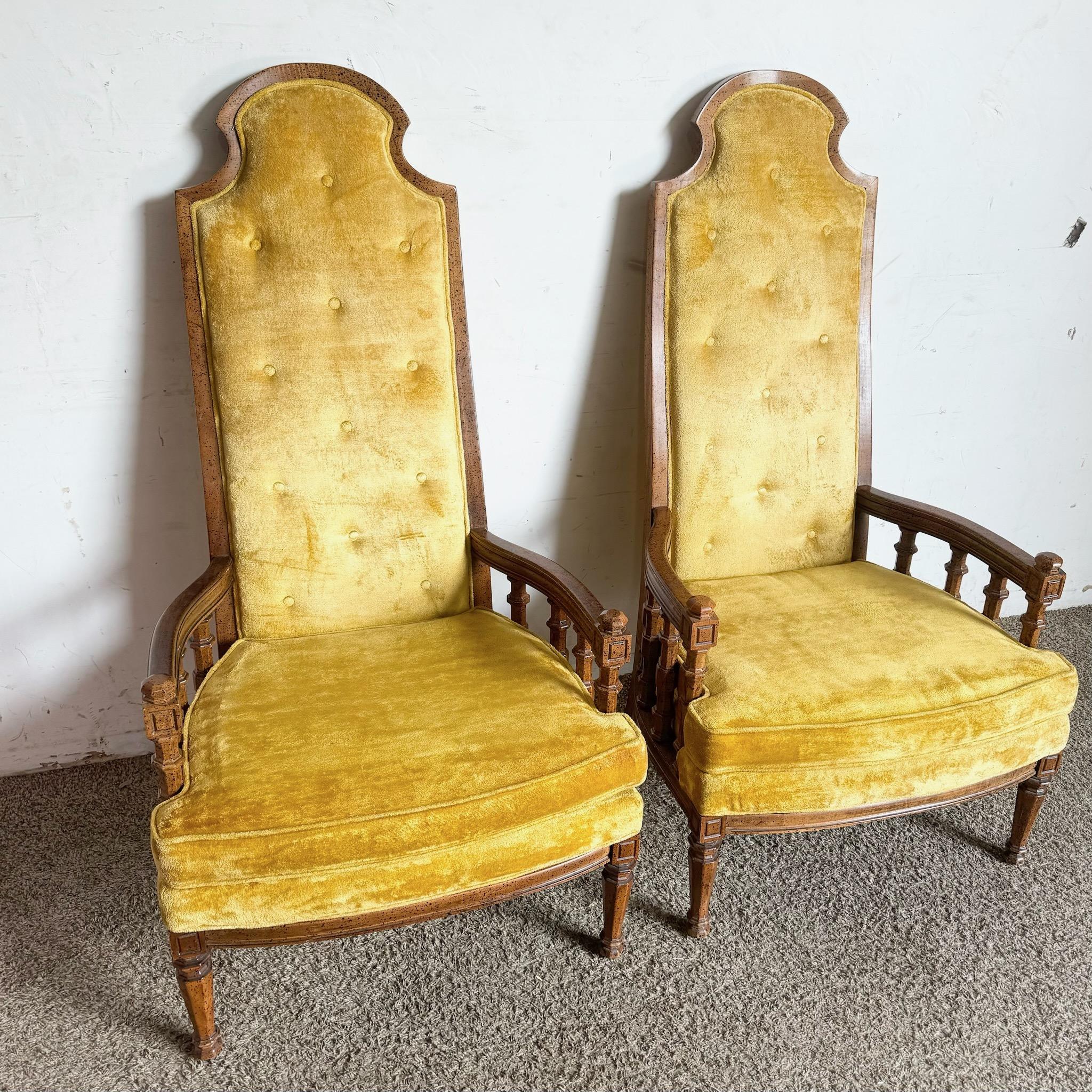 Add a splash of vibrant color and timeless elegance to your living space with this pair of Mid-Century Tufted Velvet Yellow Arm Chairs by American of Martinsville. These chairs feature plush tufted velvet upholstery in a striking yellow hue,
