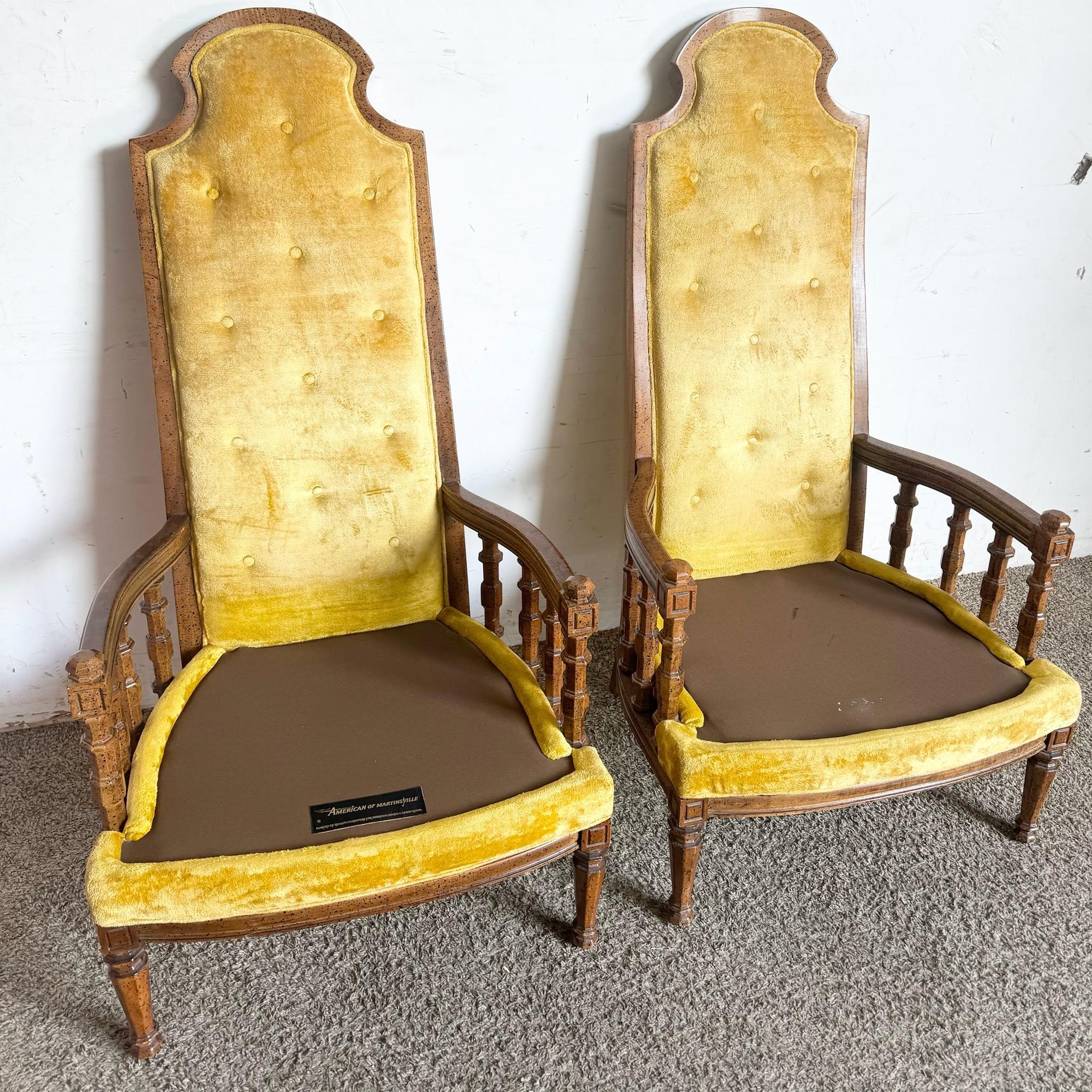 Late 20th Century Mid Century Tufted Velvet Fabric and Wood Arm Chairs by American of Martinsville For Sale