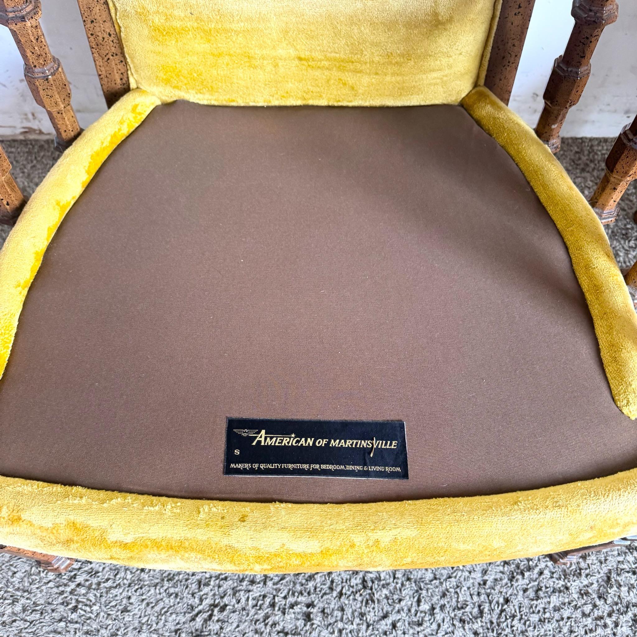 Mid Century Tufted Velvet Fabric and Wood Arm Chairs by American of Martinsville For Sale 1