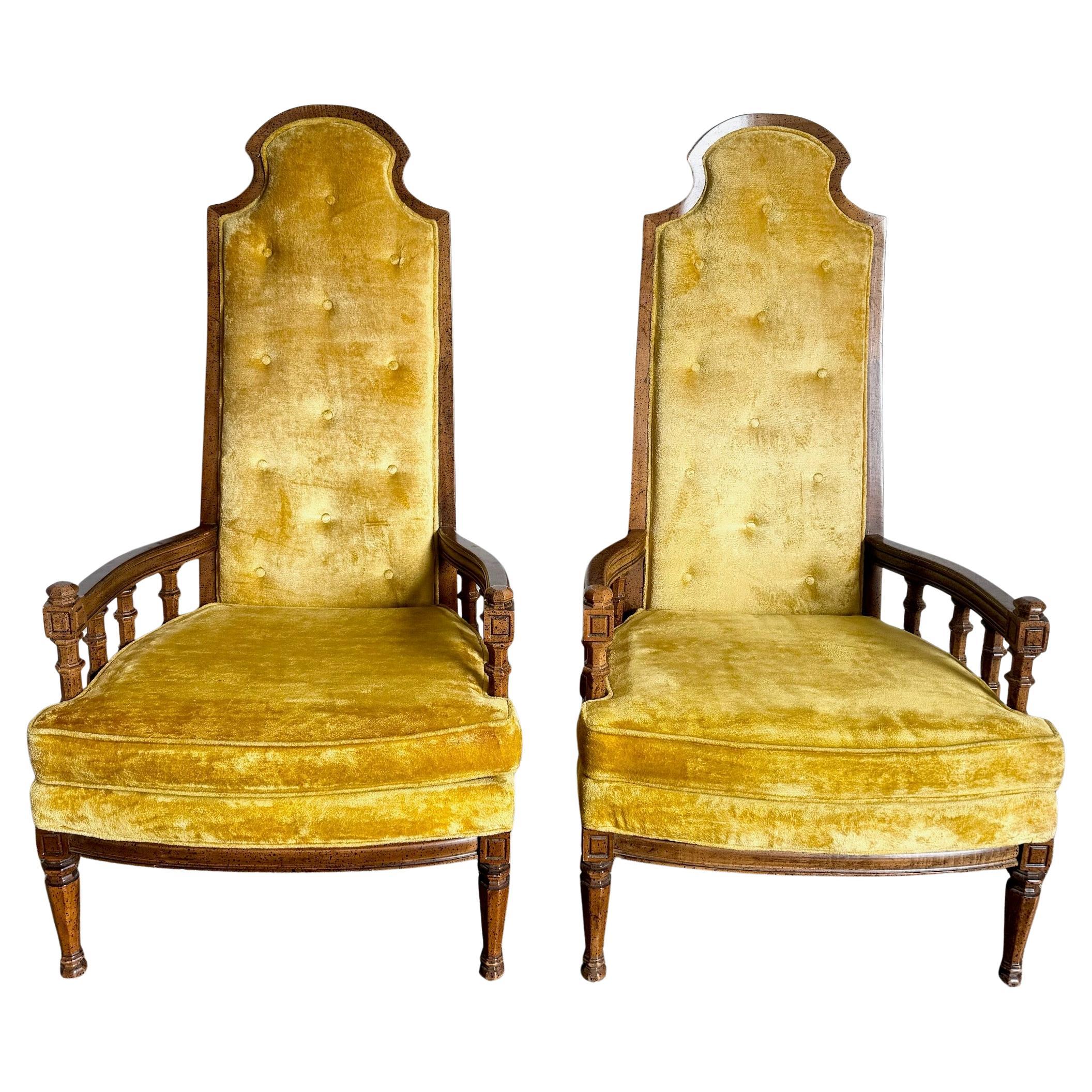 Mid Century Tufted Velvet Fabric and Wood Arm Chairs by American of Martinsville For Sale
