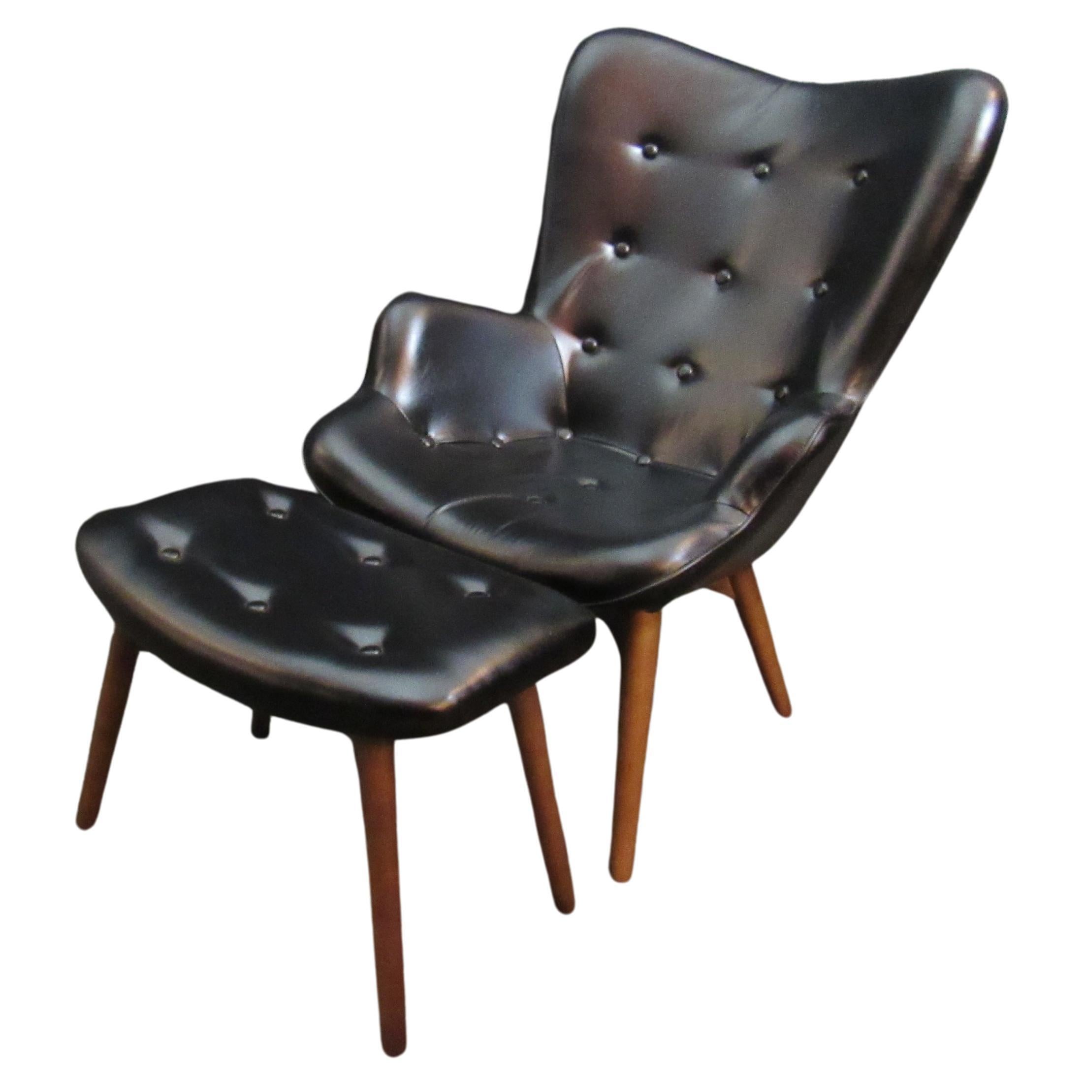 Midcentury Tufted Wingback "Clam" Chair & Ottoman For Sale