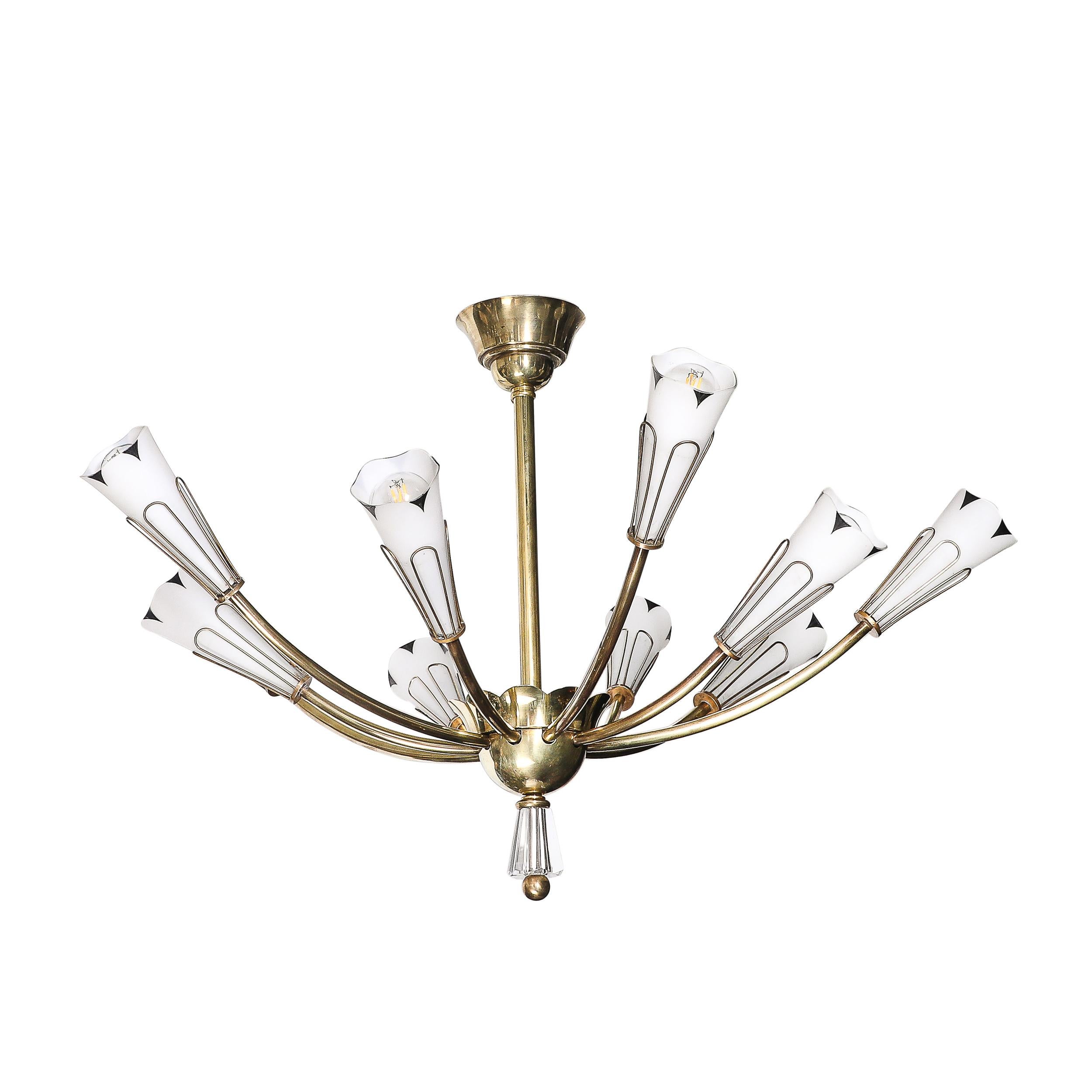 Araña de latón y cristal esmerilado de mediados de siglo con forma de tulipán y detalles esmaltados Francés en venta