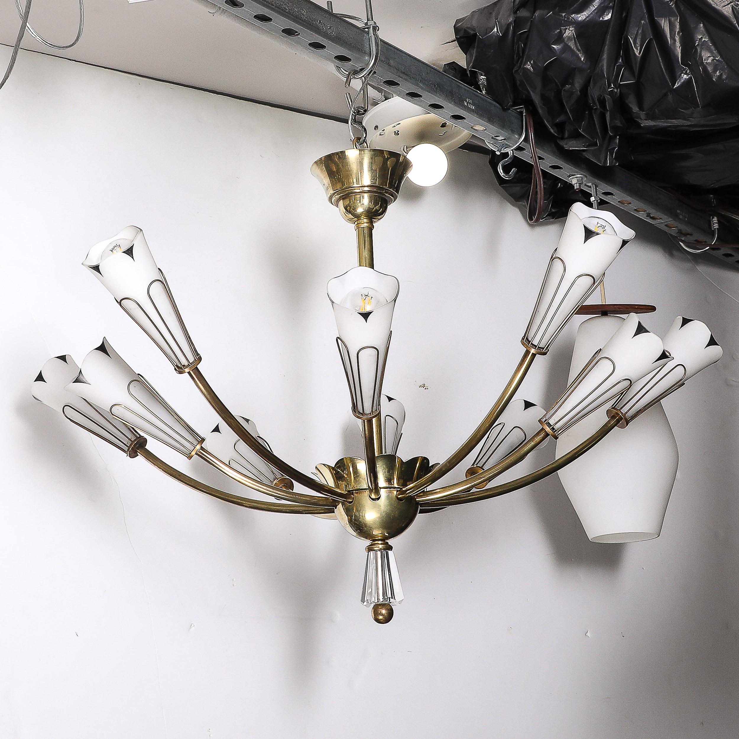 Araña de latón y cristal esmerilado de mediados de siglo con forma de tulipán y detalles esmaltados en venta 2