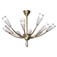 Lustre tulipe du milieu du siècle en laiton et verre dépoli avec détails en émail