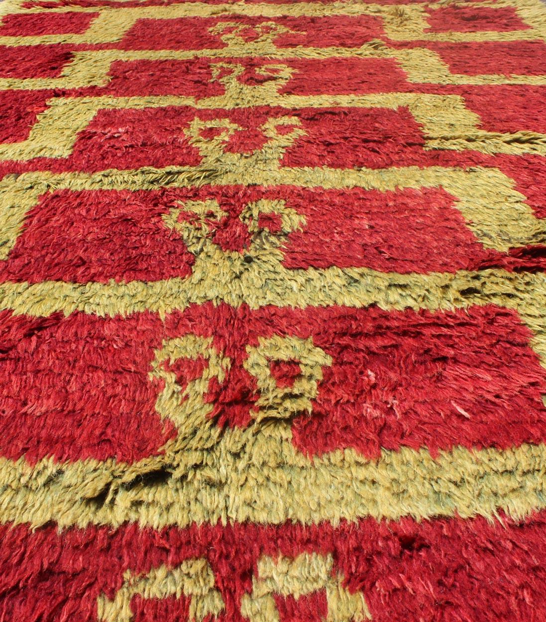 Wool Mid-Century Tulu Vintage Carpet with Tribal Pattern in Red and Green Gold For Sale