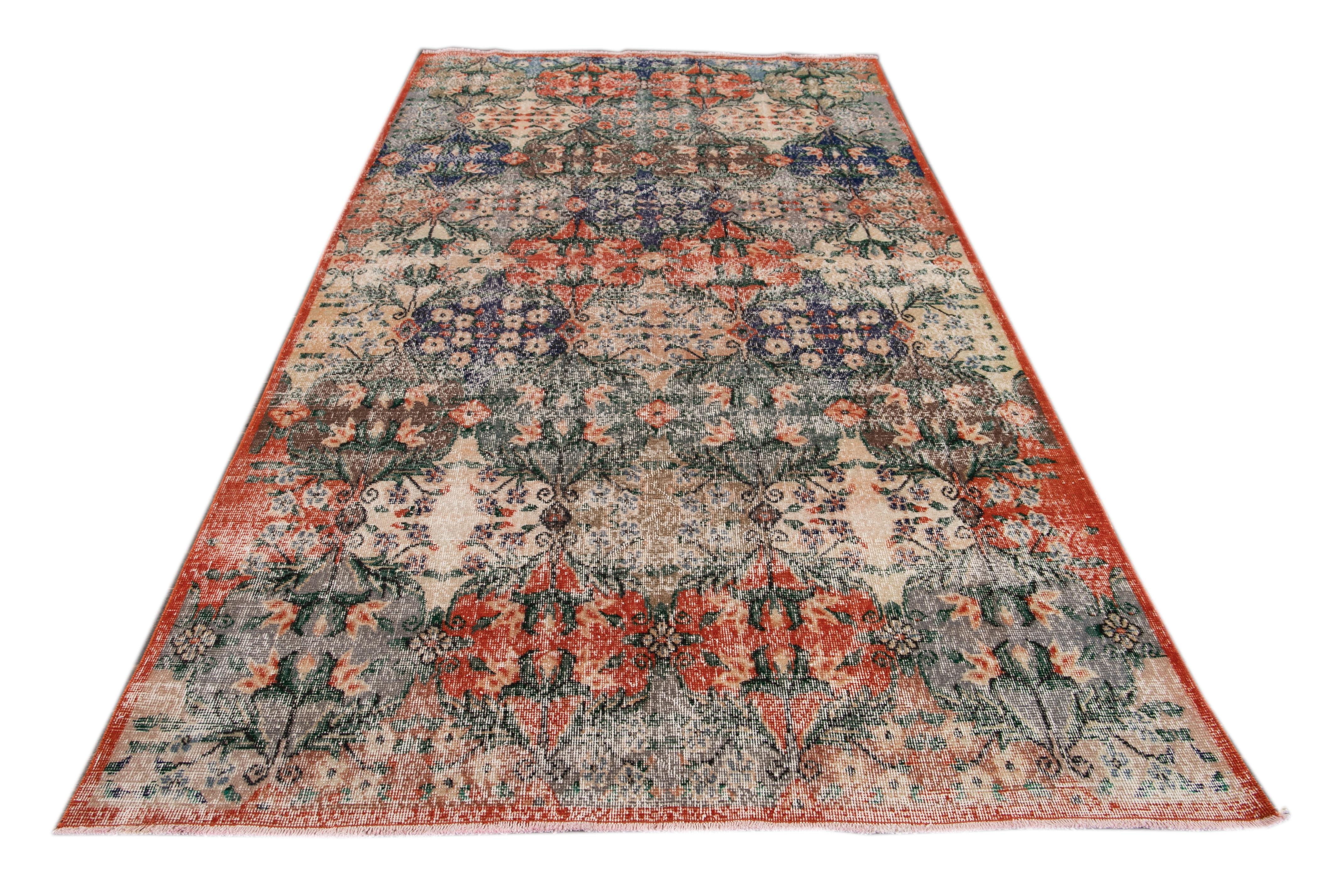 Mid-Century Modern Mid-Century Turkish Art Deco Handmade Multicolor Floral Wool Rug For Sale