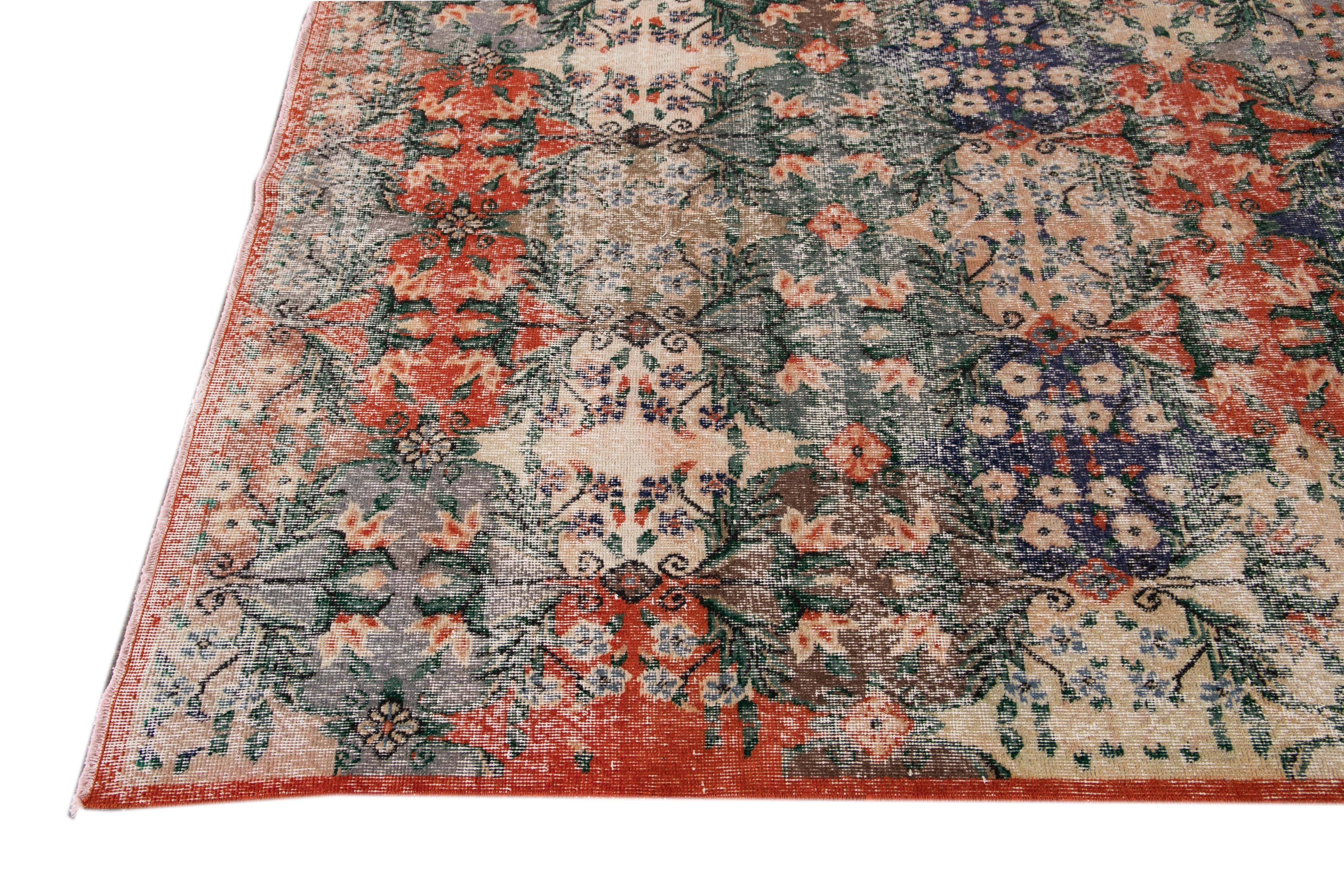 Asian Mid-Century Turkish Art Deco Handmade Multicolor Floral Wool Rug For Sale