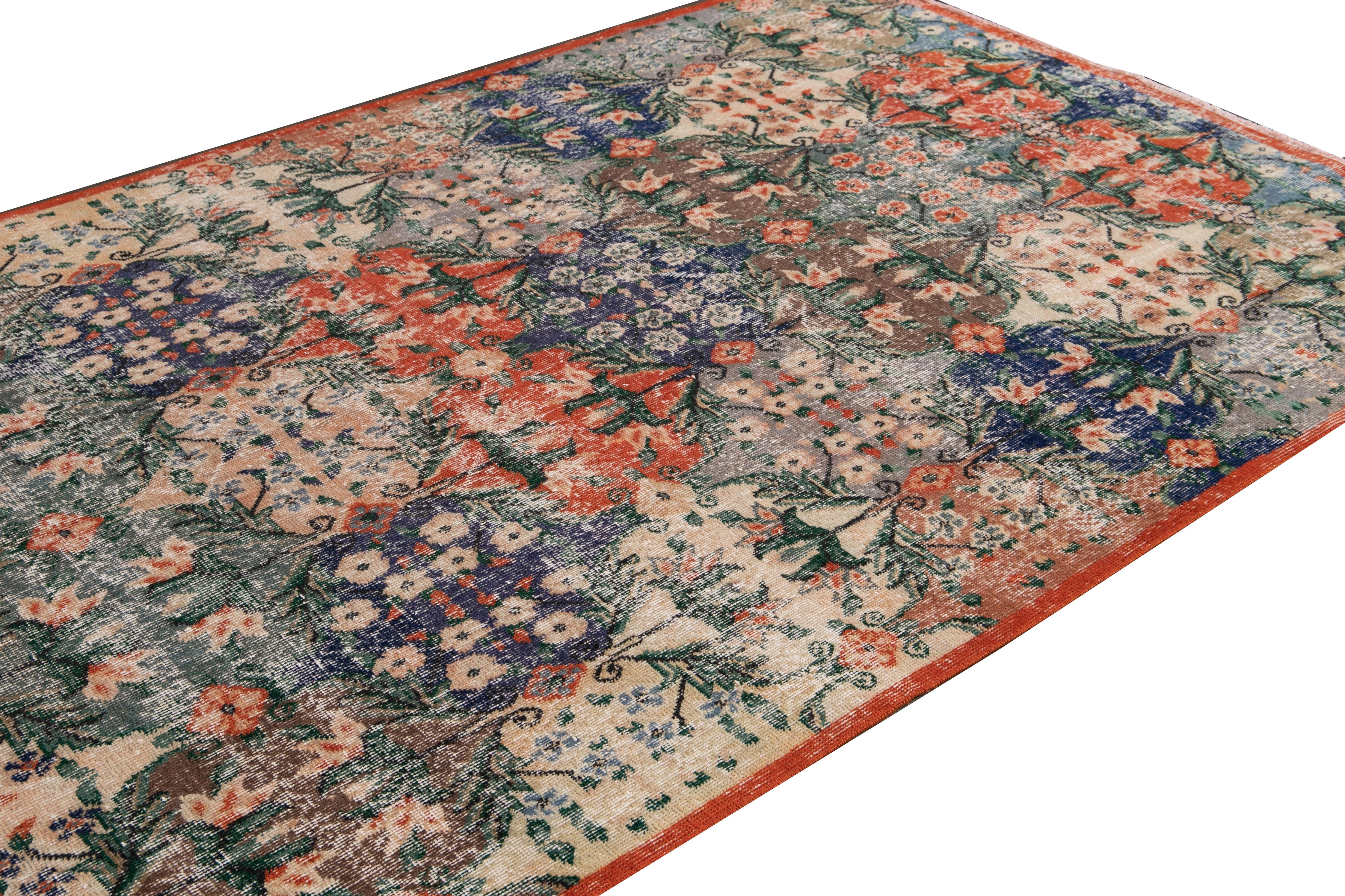 Mid-Century Turkish Art Deco Handmade Multicolor Floral Wool Rug In Distressed Condition For Sale In Norwalk, CT