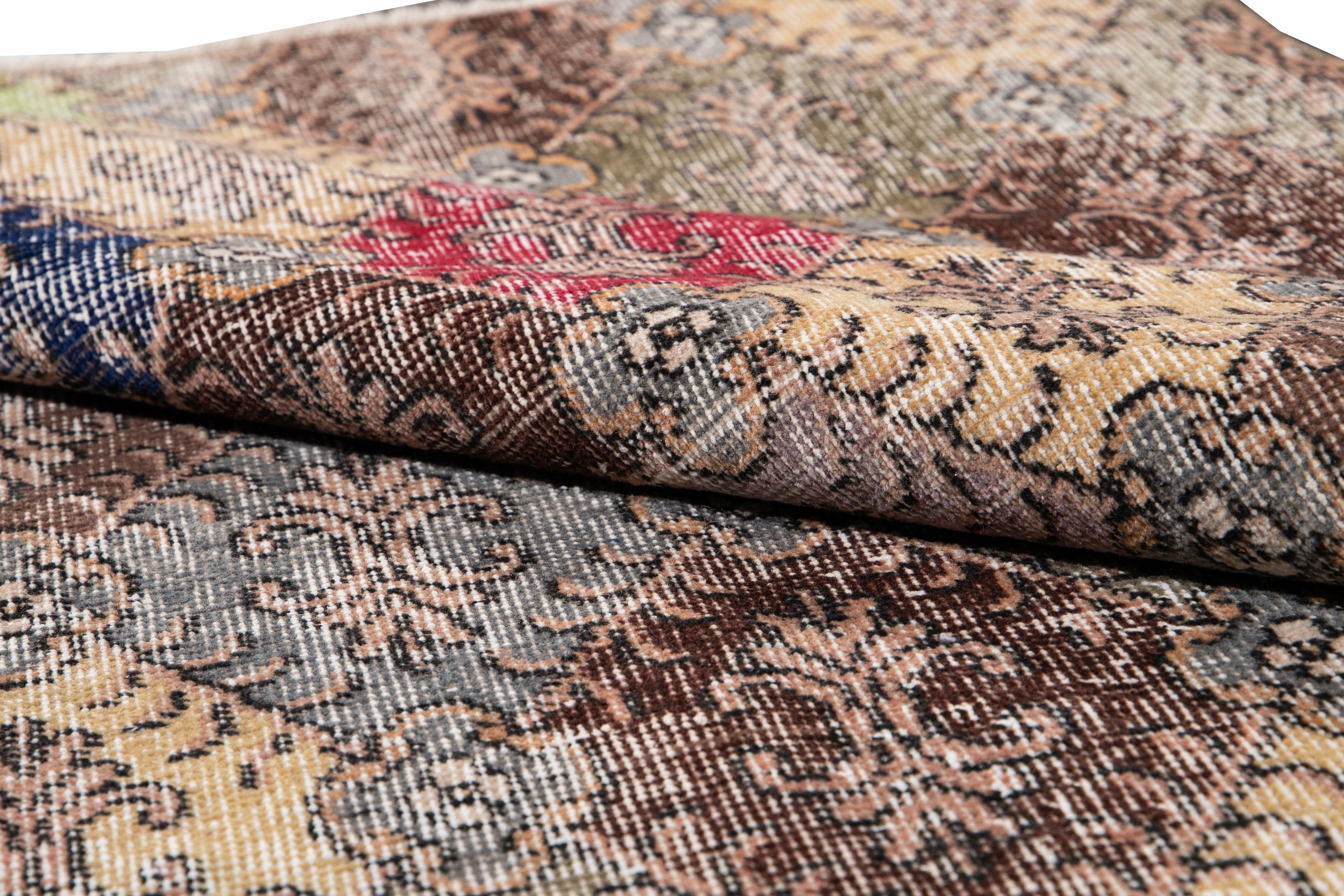 Hand-Knotted Mid-Century Turkish Art Deco Handmade Multicolor Geometric Wool Rug For Sale