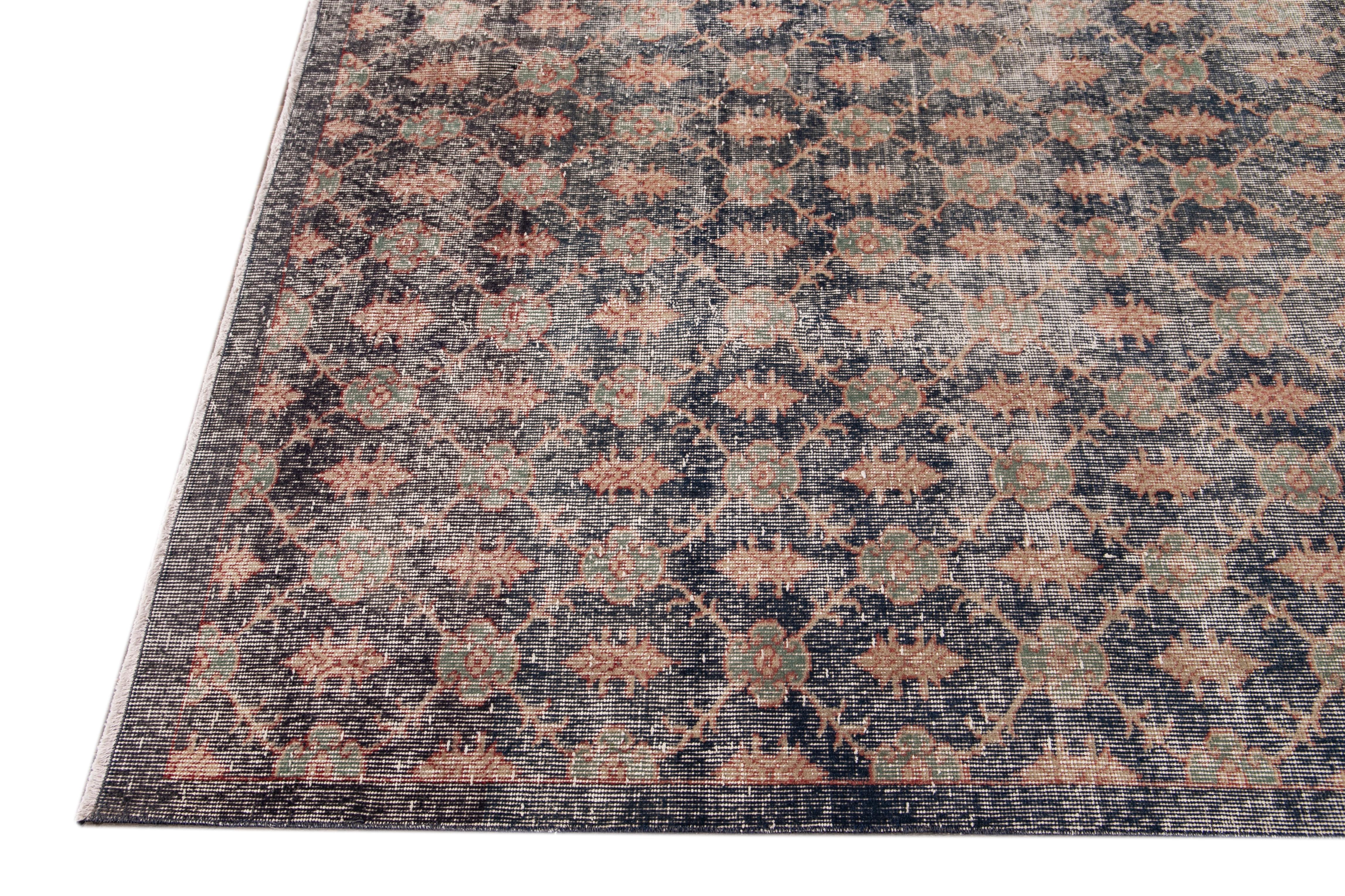 Asian Mid-Century Turkish Art Deco Room Size Blue Floral Wool Rug For Sale