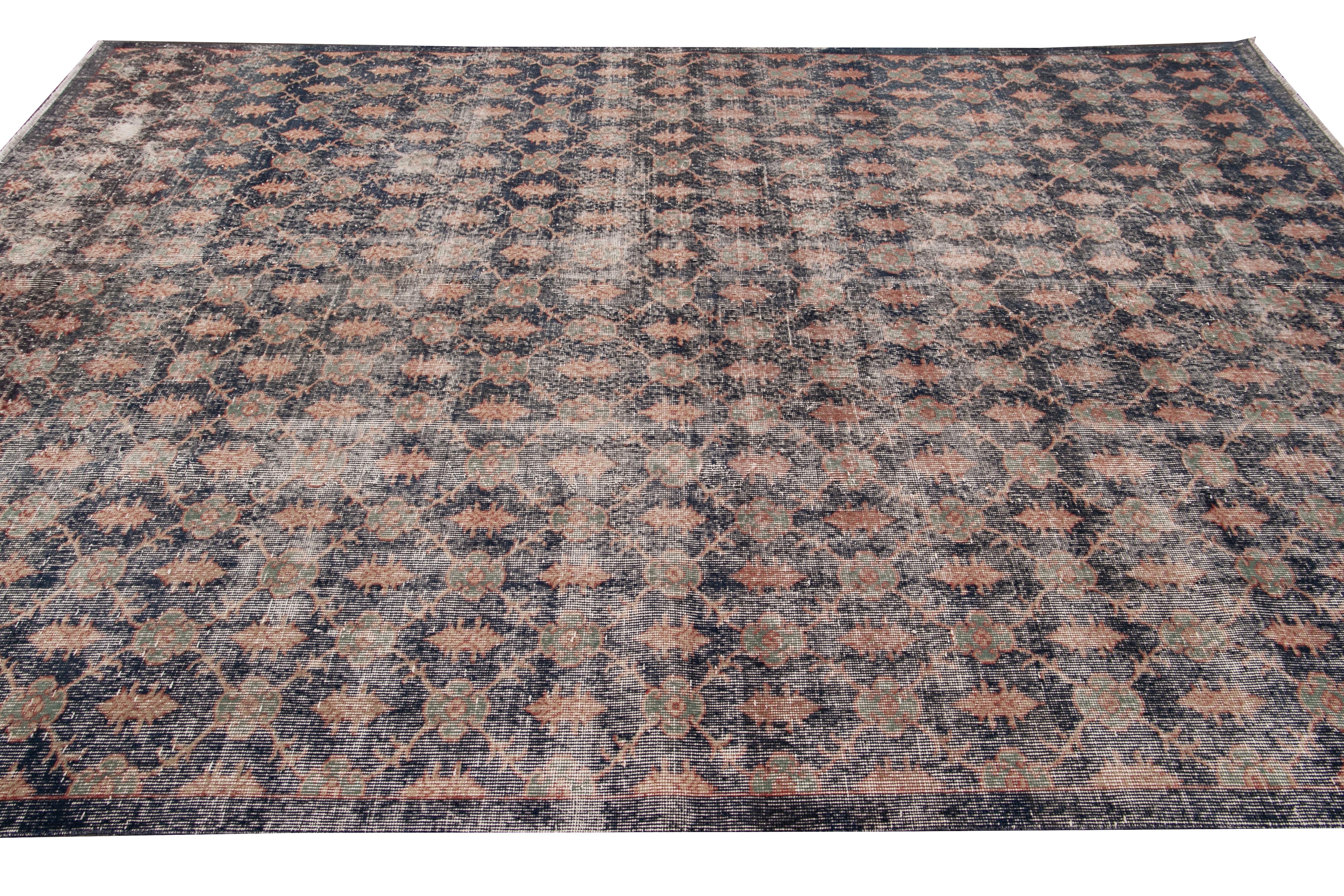Mid-Century Turkish Art Deco Room Size Blue Floral Wool Rug In Distressed Condition For Sale In Norwalk, CT