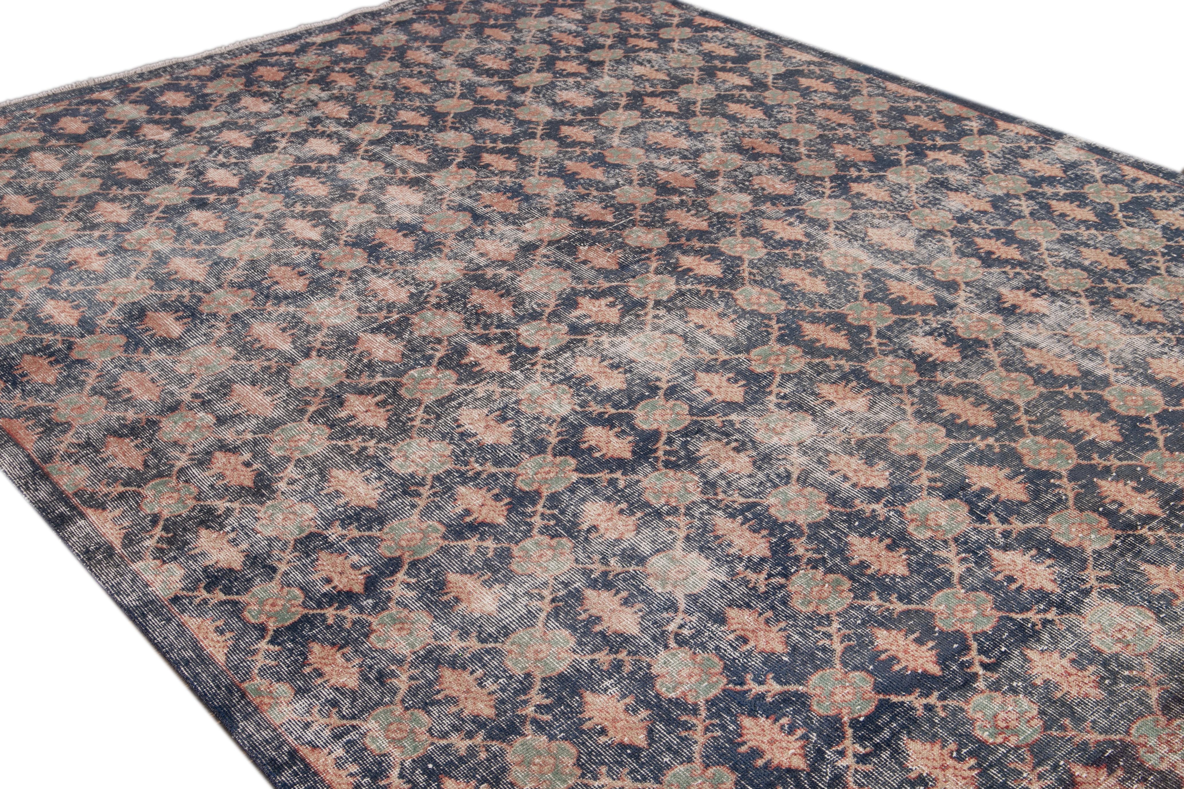 Mid-Century Turkish Art Deco Room Size Blue Floral Wool Rug For Sale 2