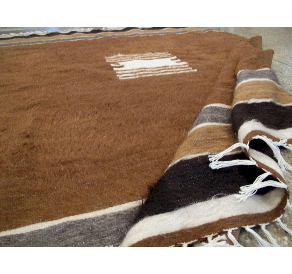 Mohair Midcentury Turkish Folk Accent Rug Handmade in Brown, Black, Ivory, and Grey For Sale