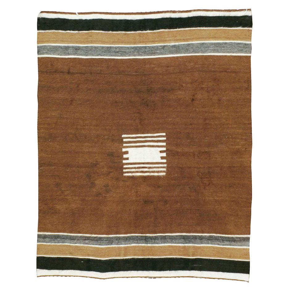 Midcentury Turkish Folk Accent Rug Handmade in Brown, Black, Ivory, and Grey For Sale