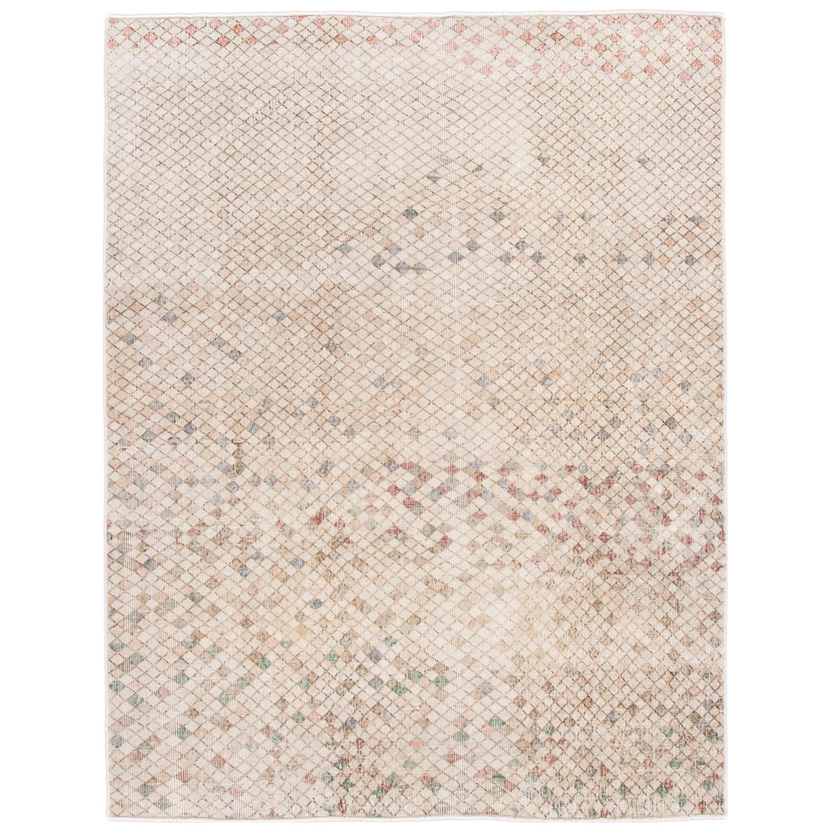 MidCentury Turkish Handmade Nude Geometric Wool Rug For Sale at