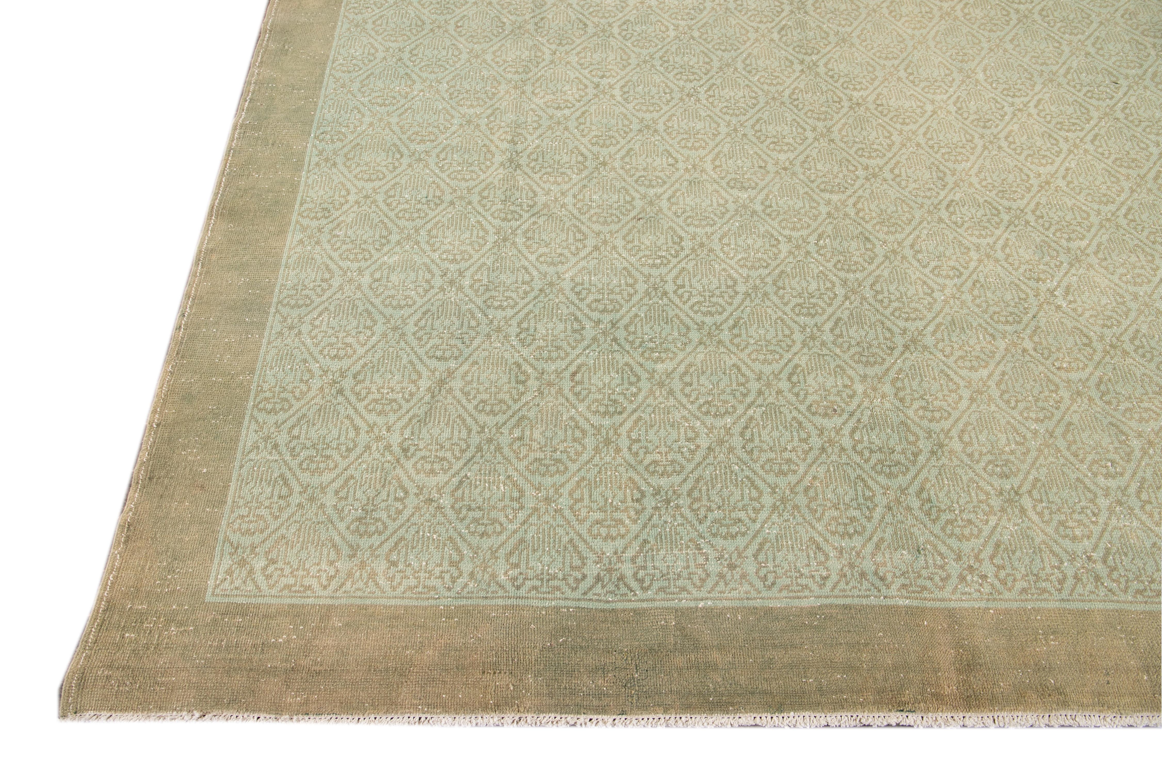 Hand-Knotted Mid-Century Turkish Handmade Green Geometric Wool Rug