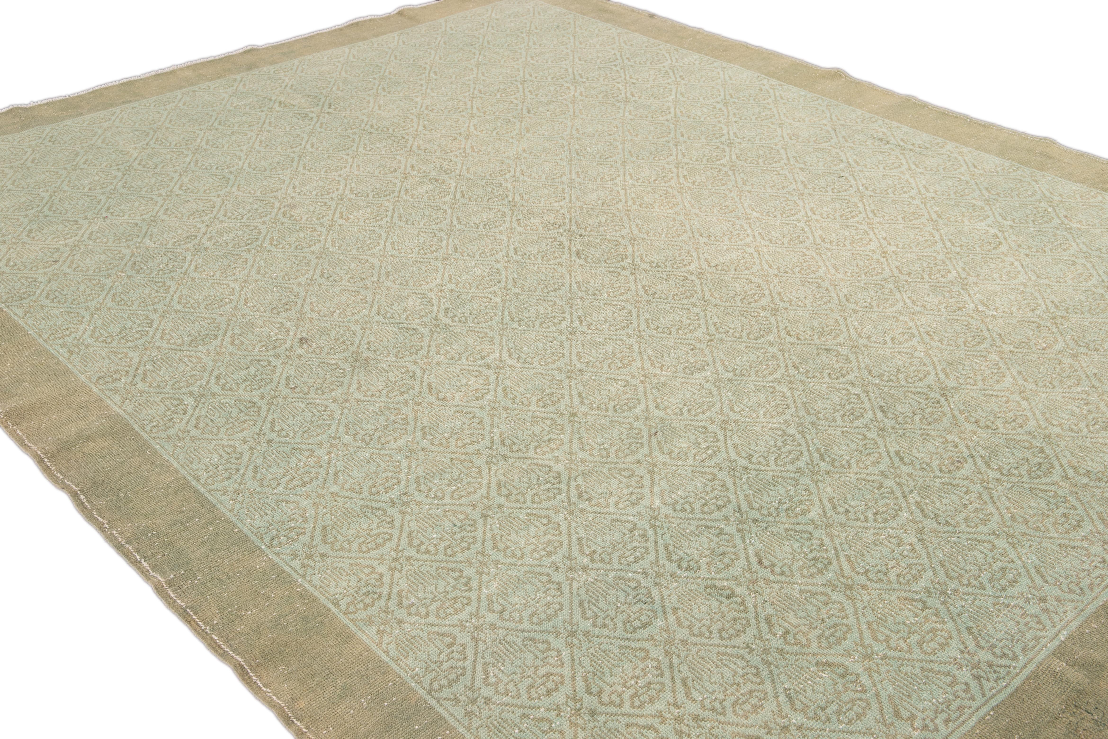 Mid-Century Turkish Handmade Green Geometric Wool Rug 3