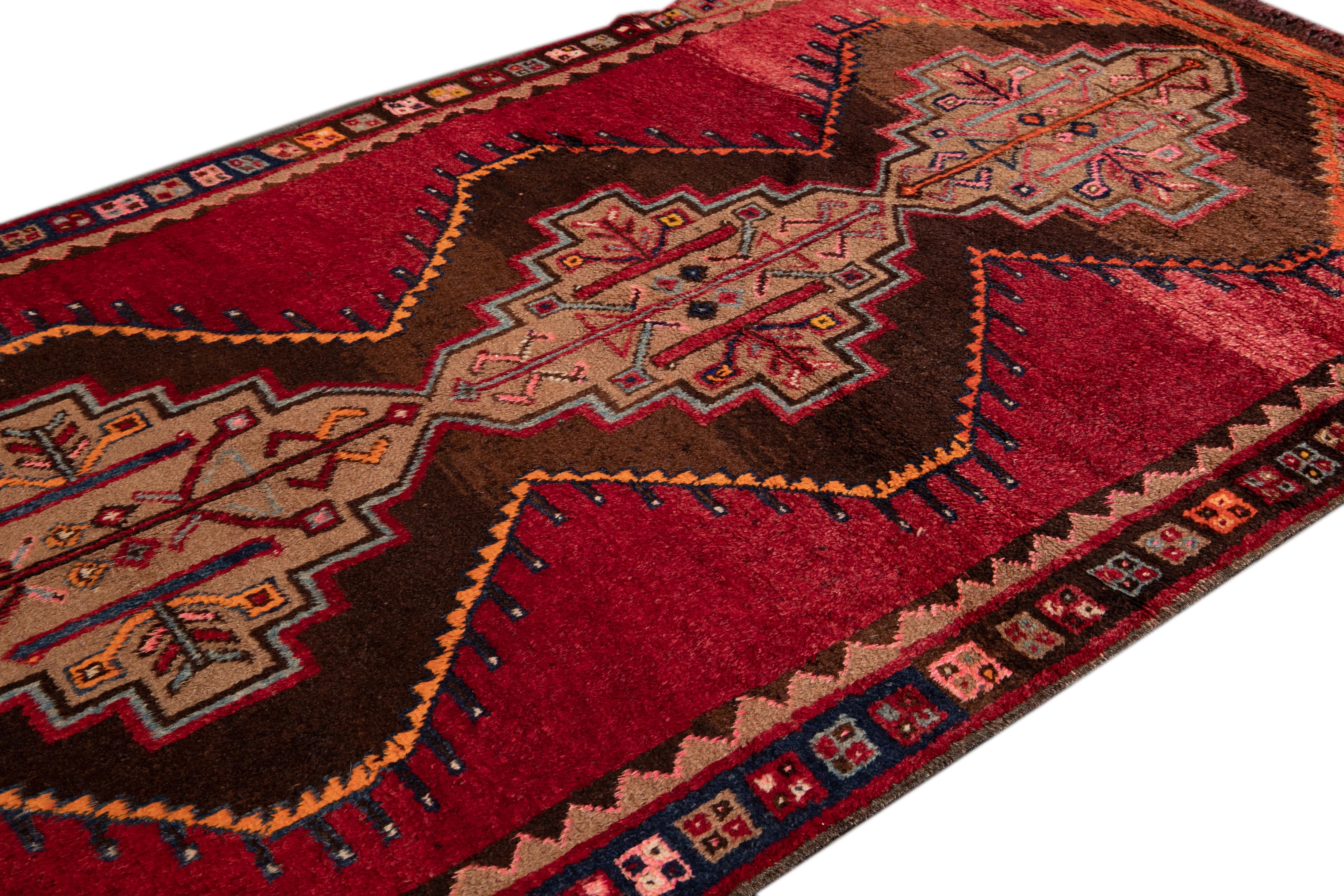 Hand-Knotted Mid-Century Turkish Handmade Red Tribal Wool Rug For Sale