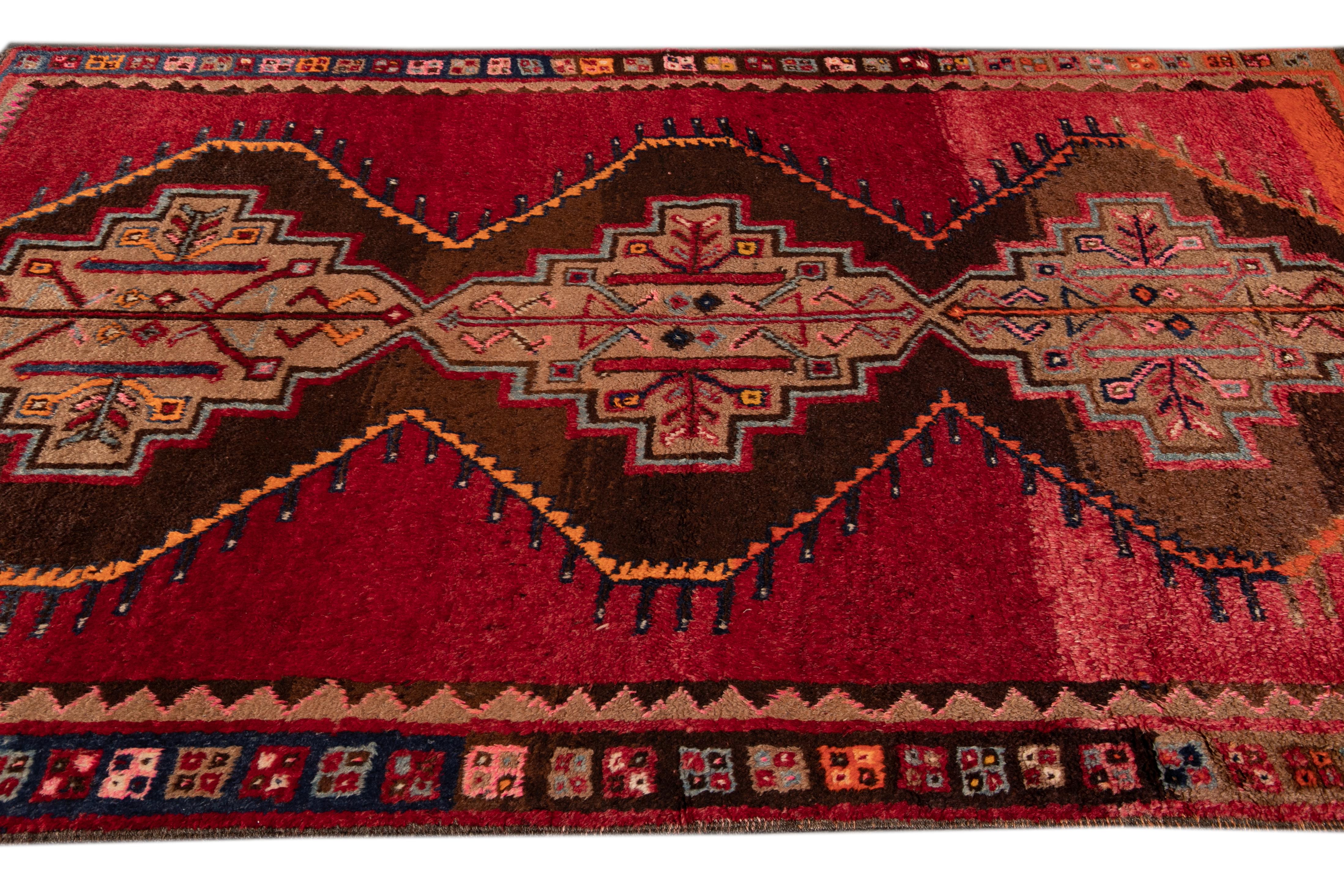 Mid-Century Turkish Handmade Red Tribal Wool Rug In Good Condition For Sale In Norwalk, CT
