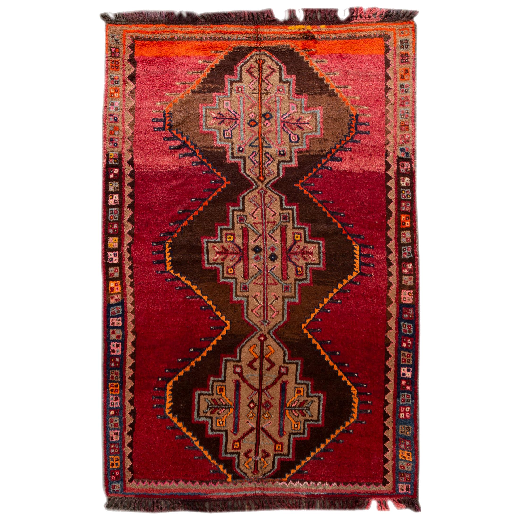 Mid-Century Turkish Handmade Red Tribal Wool Rug