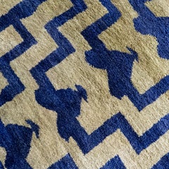 Mid-Century Turkish Konya Tülü in Indigo and Mint Green Wool, Dense Pile Rug