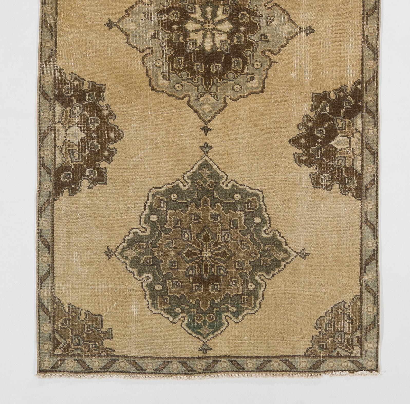 Hand-Knotted 3.8x11.6 ft Anatolian Oushak Runner Rug in Beige, Vintage Handmade Wool Carpet For Sale